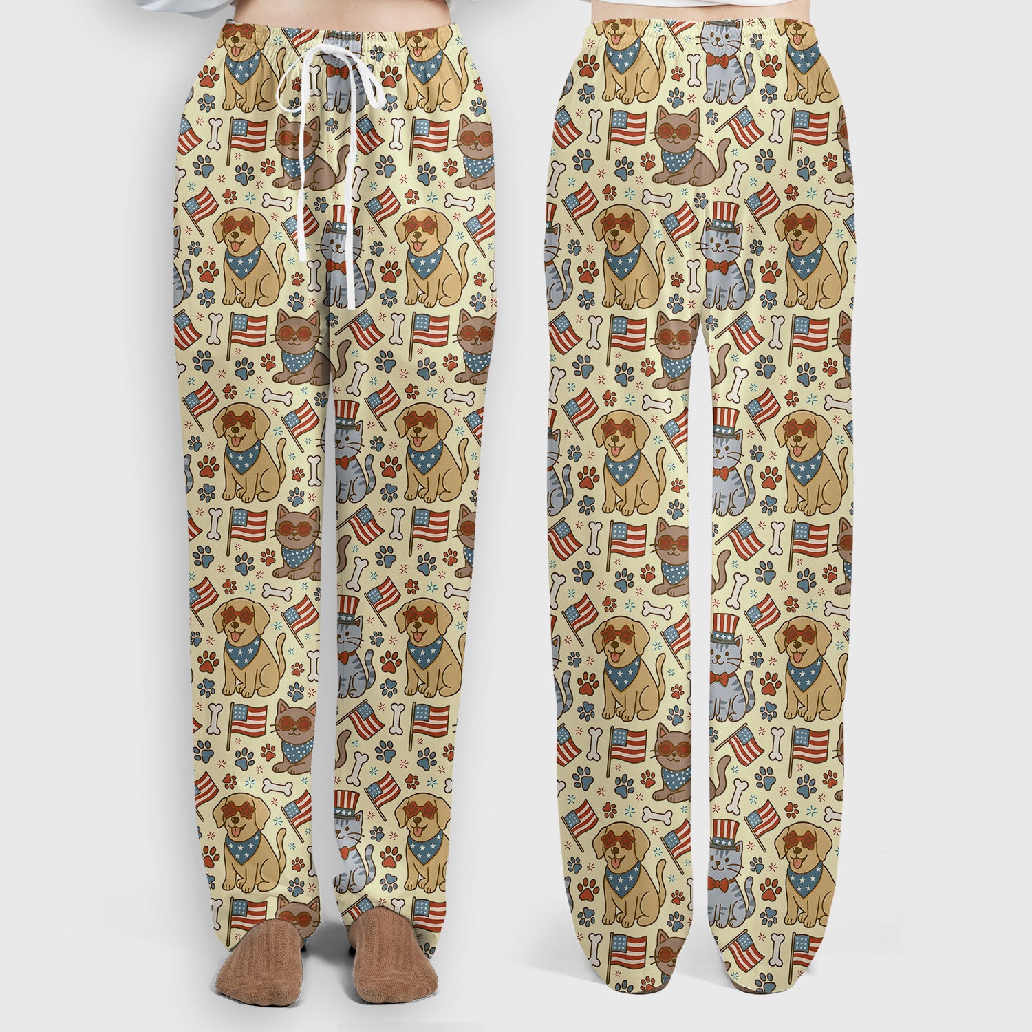 American Flag Patriotic Cat & Dog Pattern Scrub Set, Scrub Pants and V Neck Top