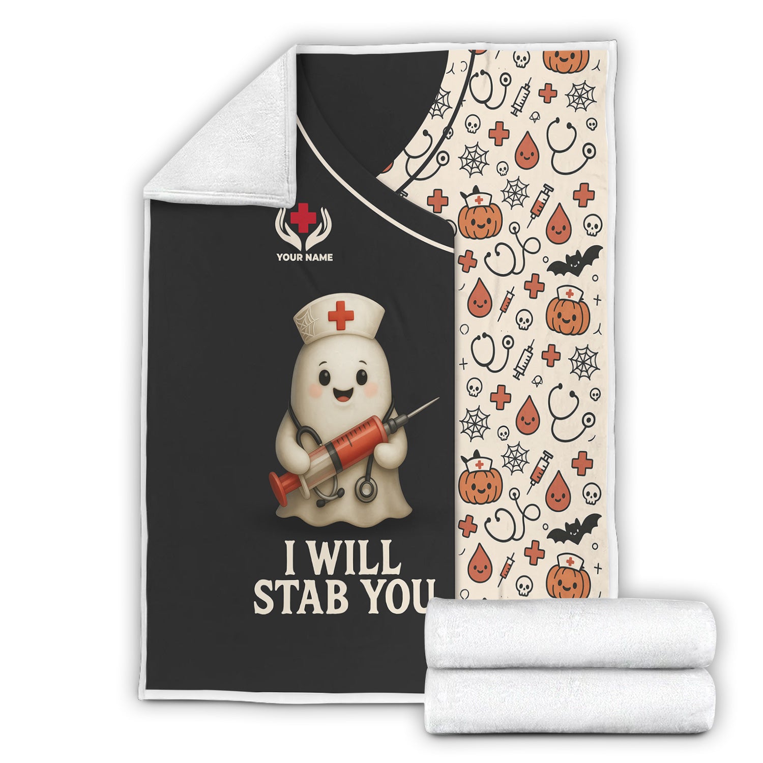 Custom Halloween Nurse Blanket for RN LPN CNA - Funny Ghost Syringe Design with I Will Stab You Quote - Gift for Healthcare Workers & Nursing Teams
