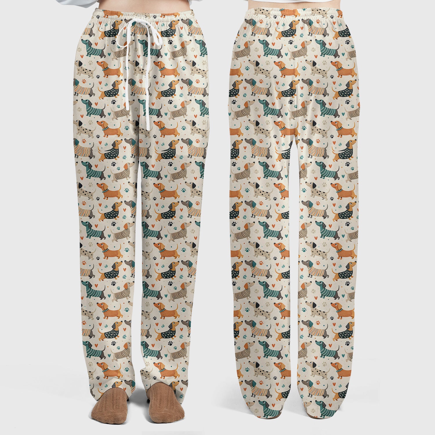 Fun Dachshund Dog Paw Heart Pattern Scrub Set, Scrub Pants and V Neck Top