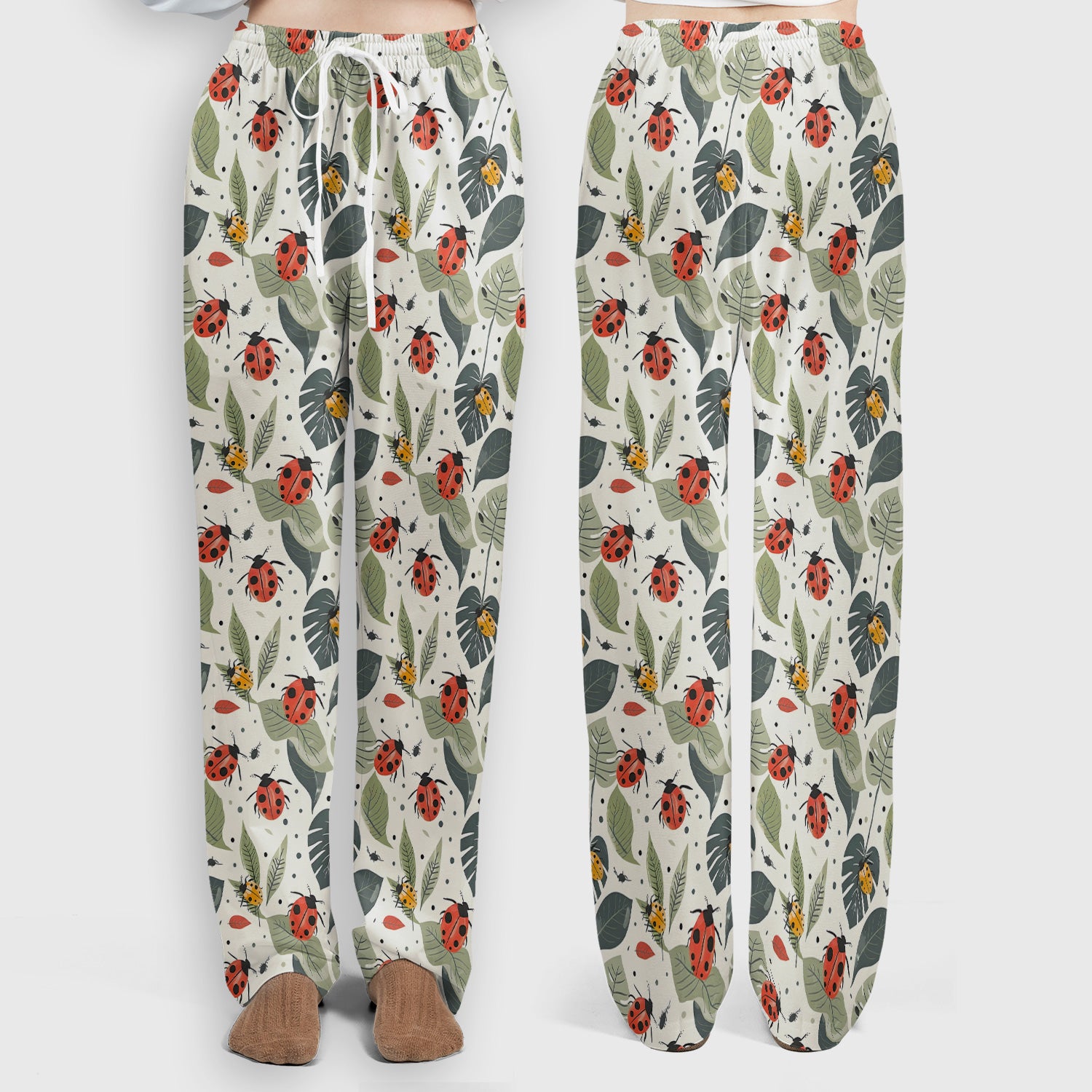 Cute Ladybug Leaf Nature Pattern Scrub Set, Scrub Pants and V Neck Top