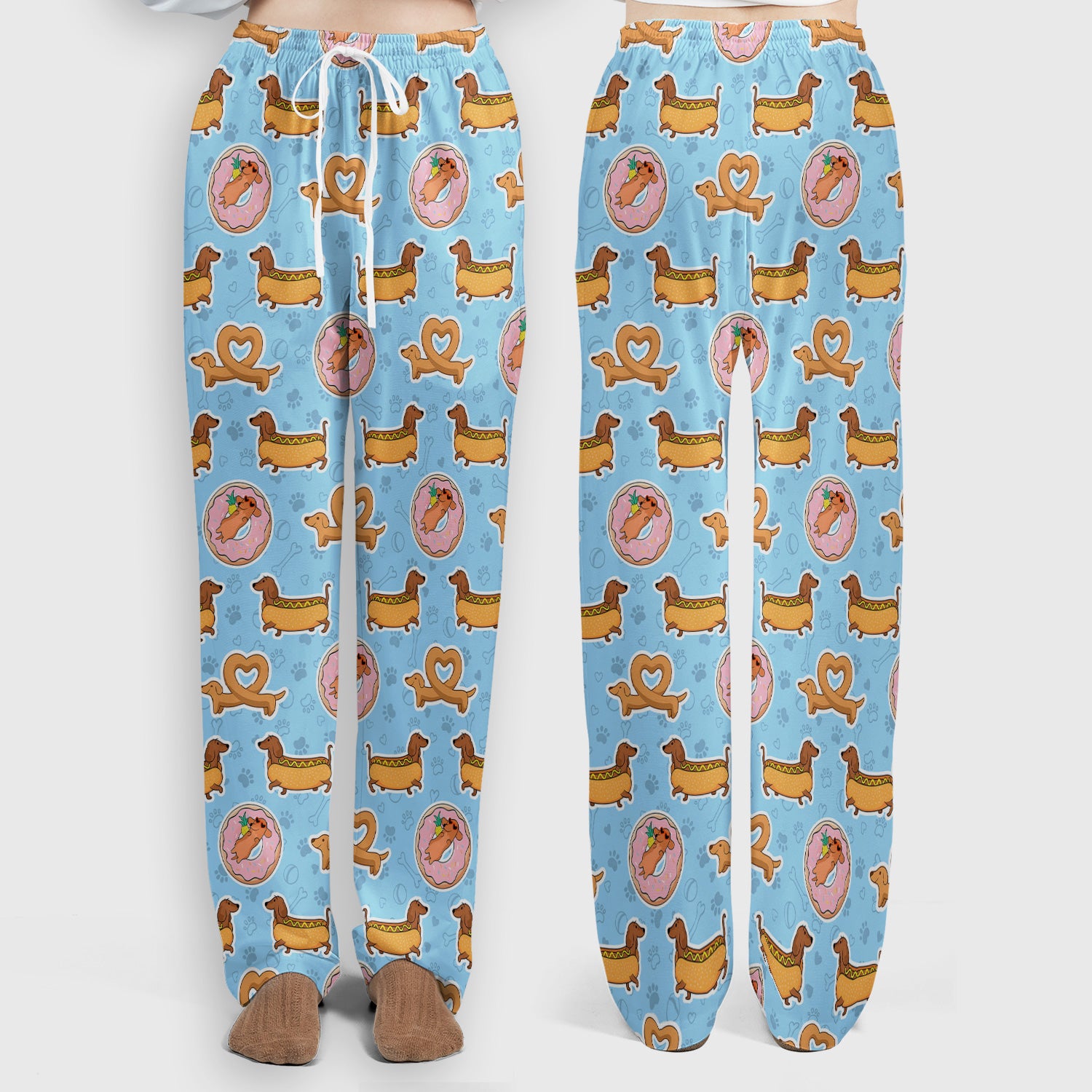 Cute Dachshund Donut Heart Pattern Scrub Set, Scrub Pants and V Neck Top
