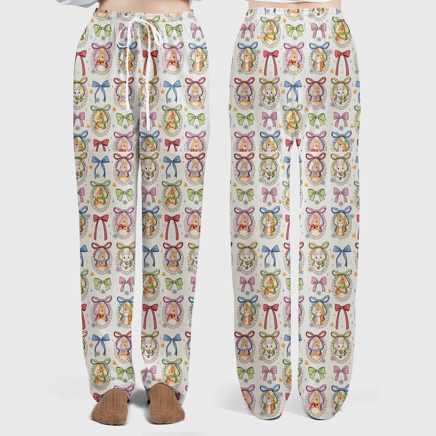 Cute Easter Bunny Cameo Colorful Bow Pattern Scrub Set, Breathable Med Uniform