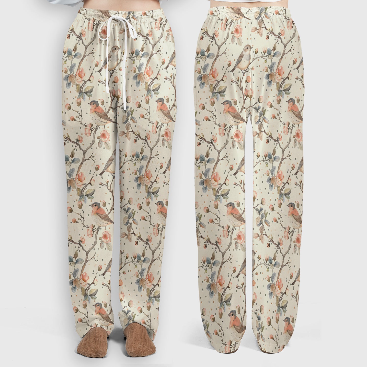 Vintage Bird Floral Branch Print Scrub Set, Scrub Pants and V Neck Top