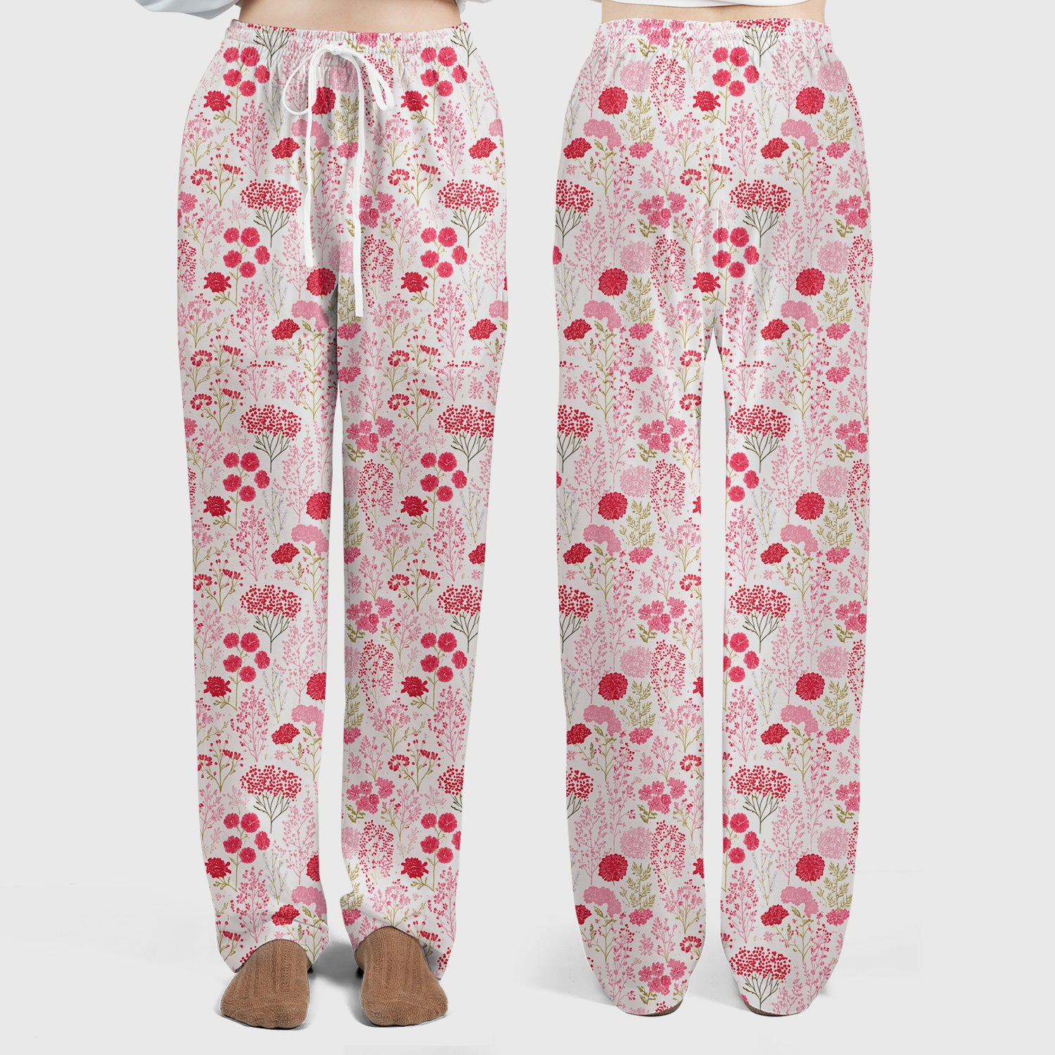 Pink Floral Pattern Allover Print Scrub Set, Scrub Pants and V Neck Top