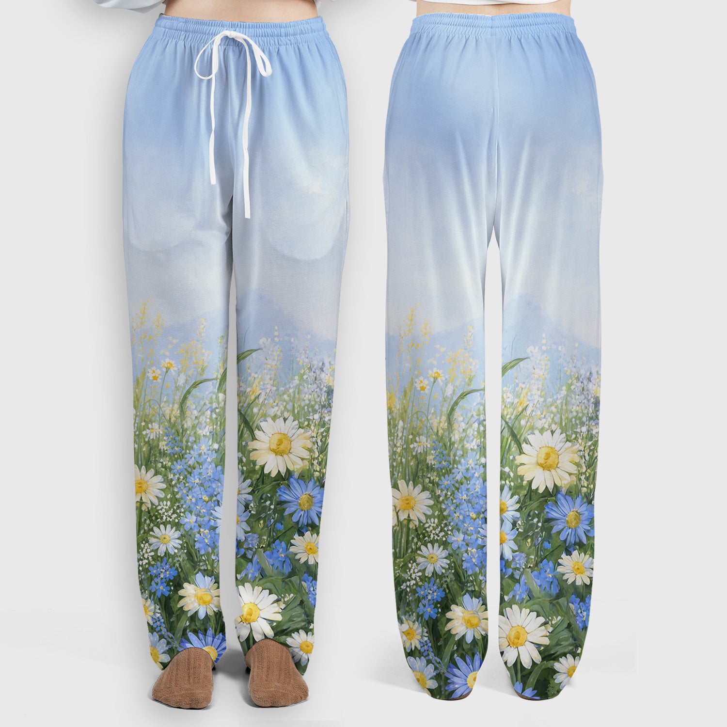 Cute Deer Mother Baby With Meadow Pattern Scrub Set, Scrub Pants and V Neck Top