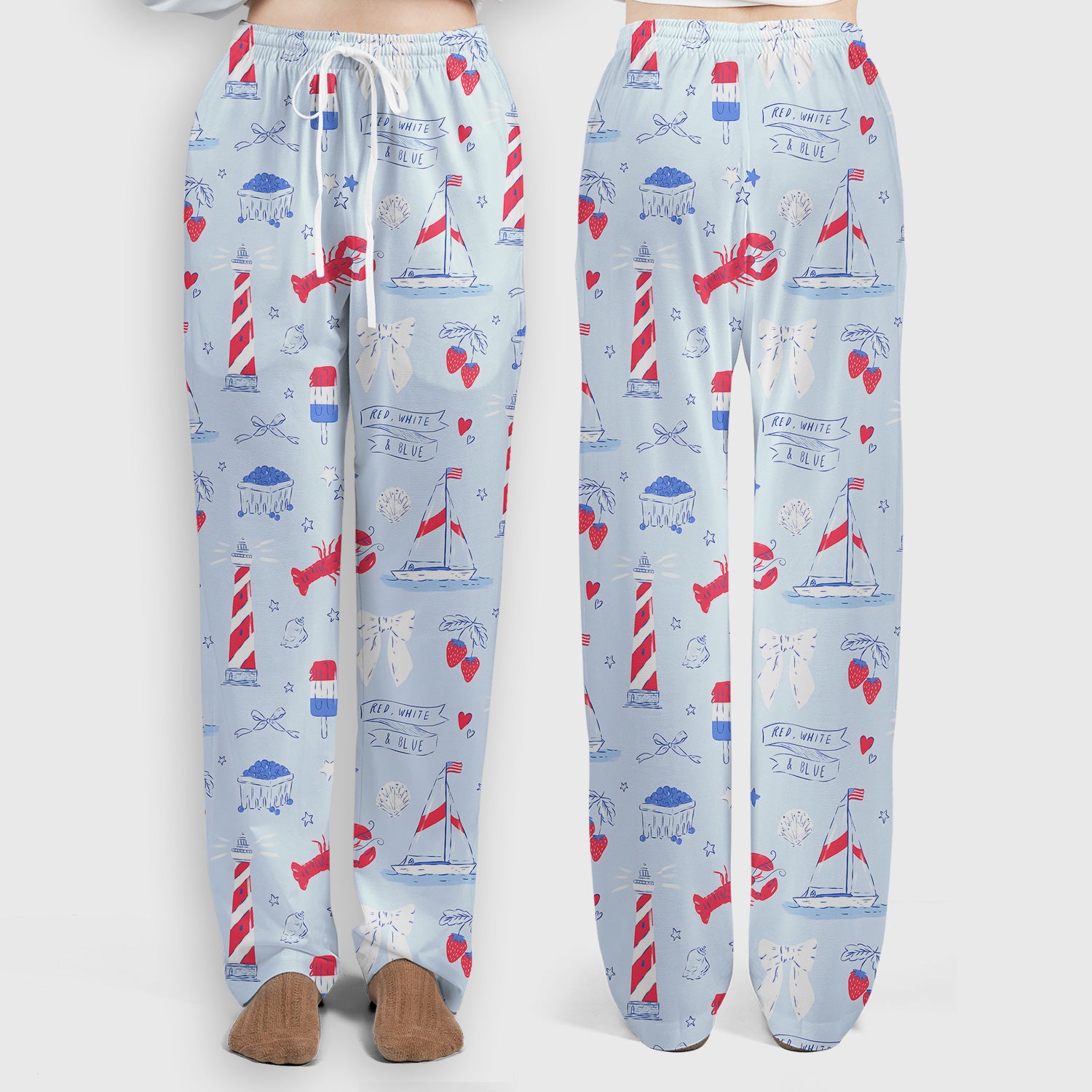 Lobster Lighthouse Sailboat Pattern Scrub Set, Scrub Pants and V Neck Top
