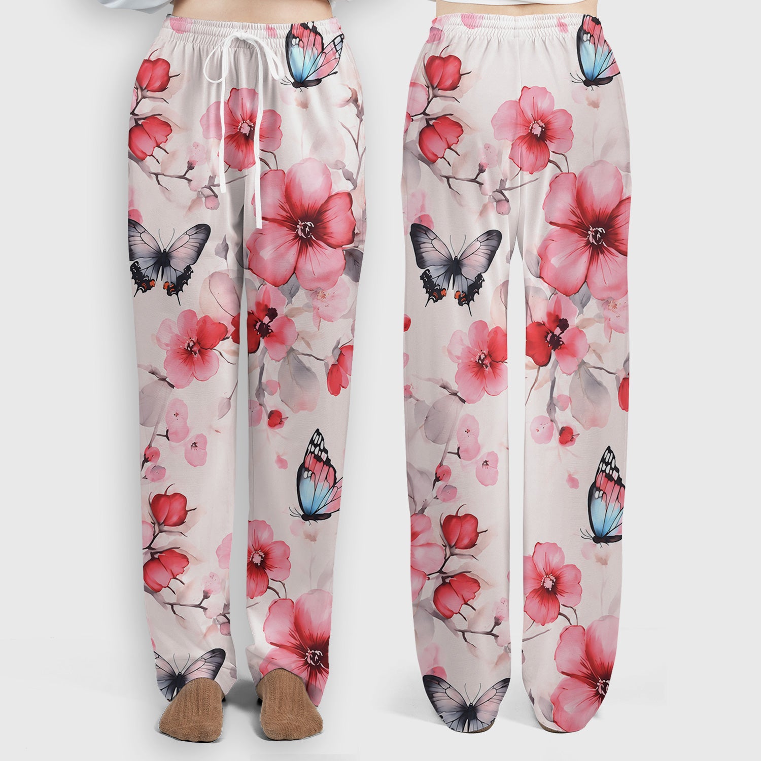 Pink Butterfly Blossom Pattern Scrub Set, Scrub Pants and V Neck Top