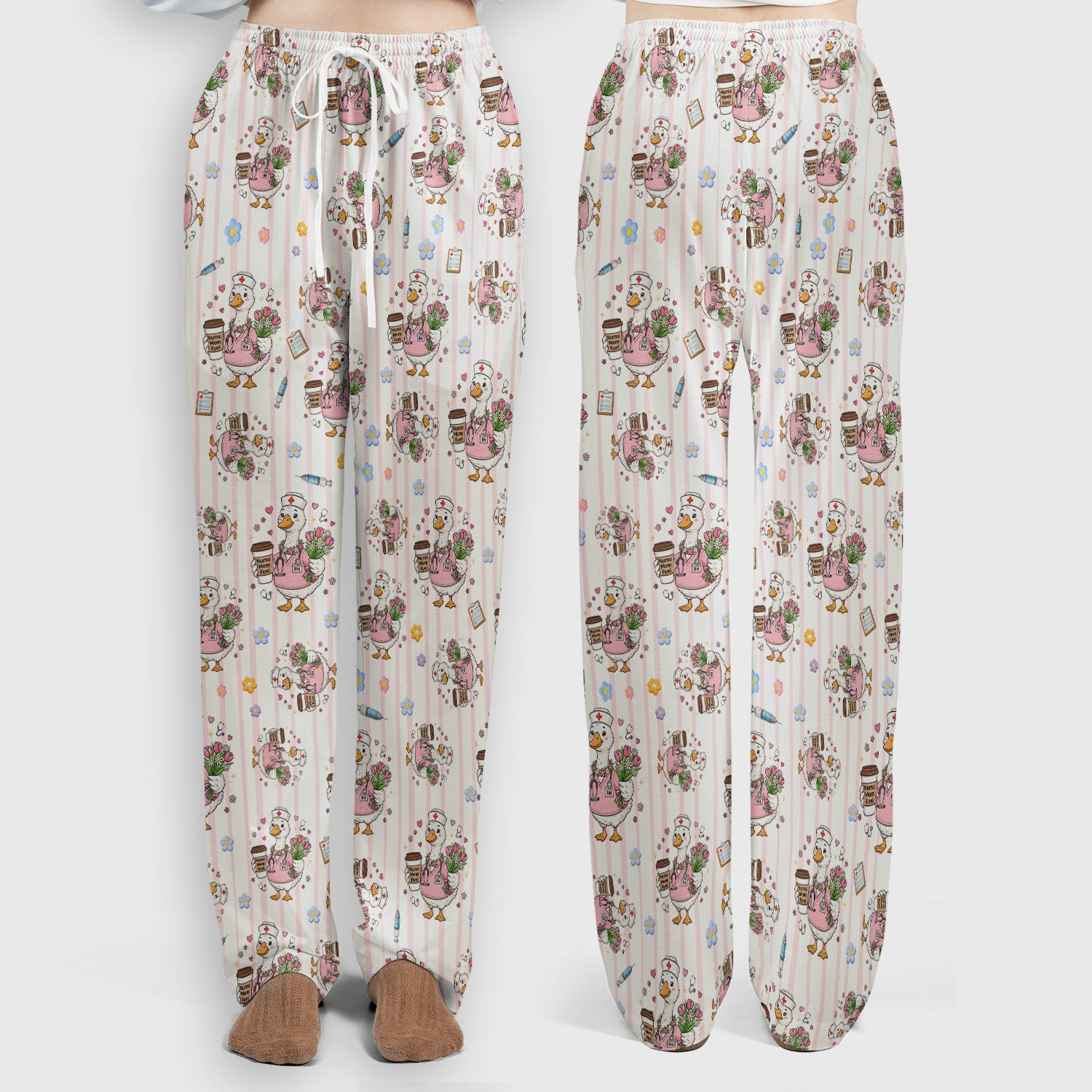 Cartoon Nurse Goose Pattern Scrub Set, Scrub Pants and V Neck Top
