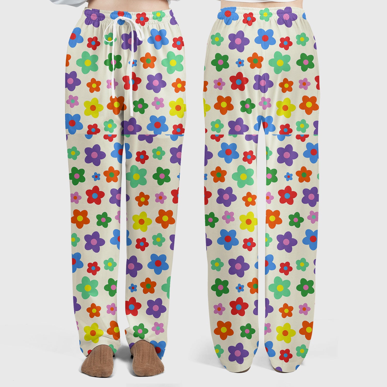 Colorful Retro Flower Pattern Print Scrub Set, Scrub Pants and V Neck Top