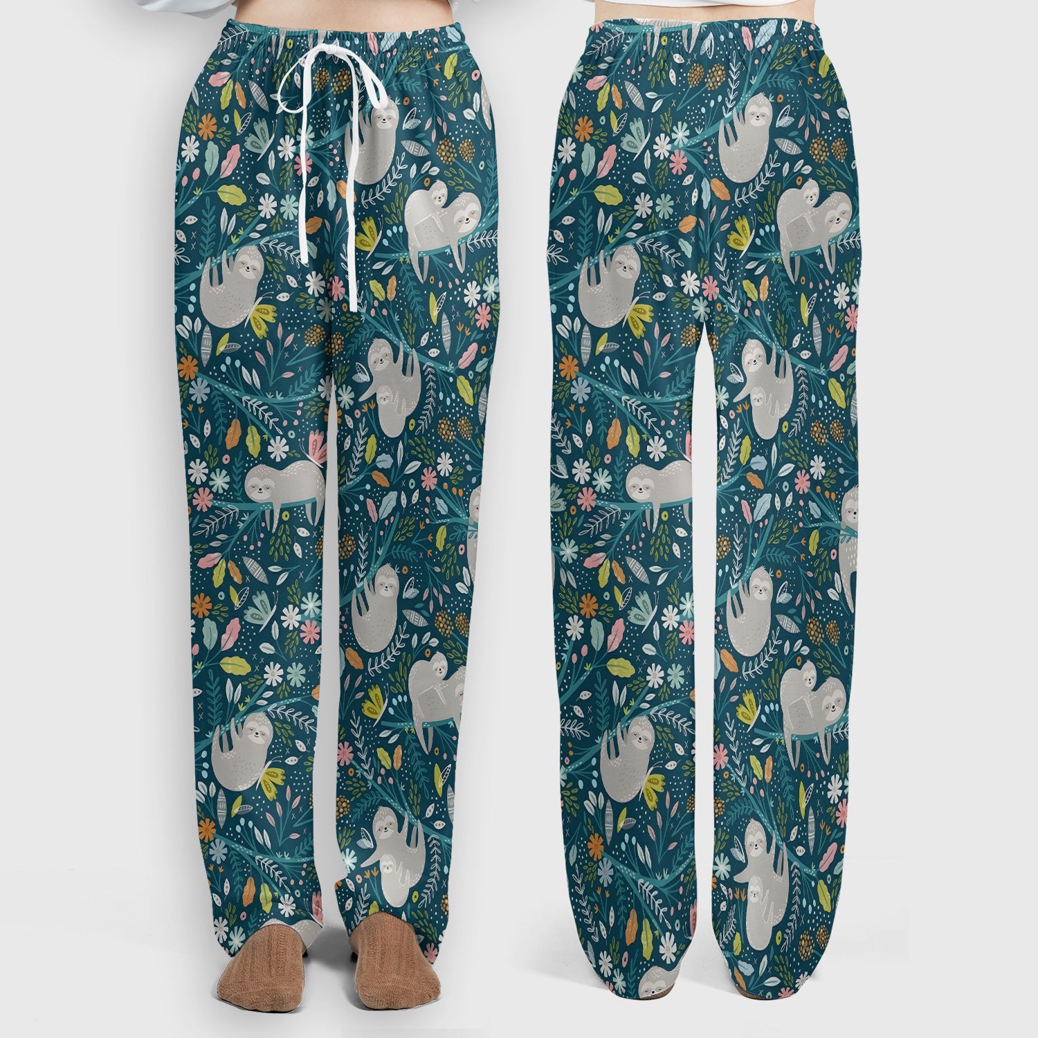 Cute Sloth Jungle Leaf Floral Pattern Scrub Set, Women's Scrub Sets