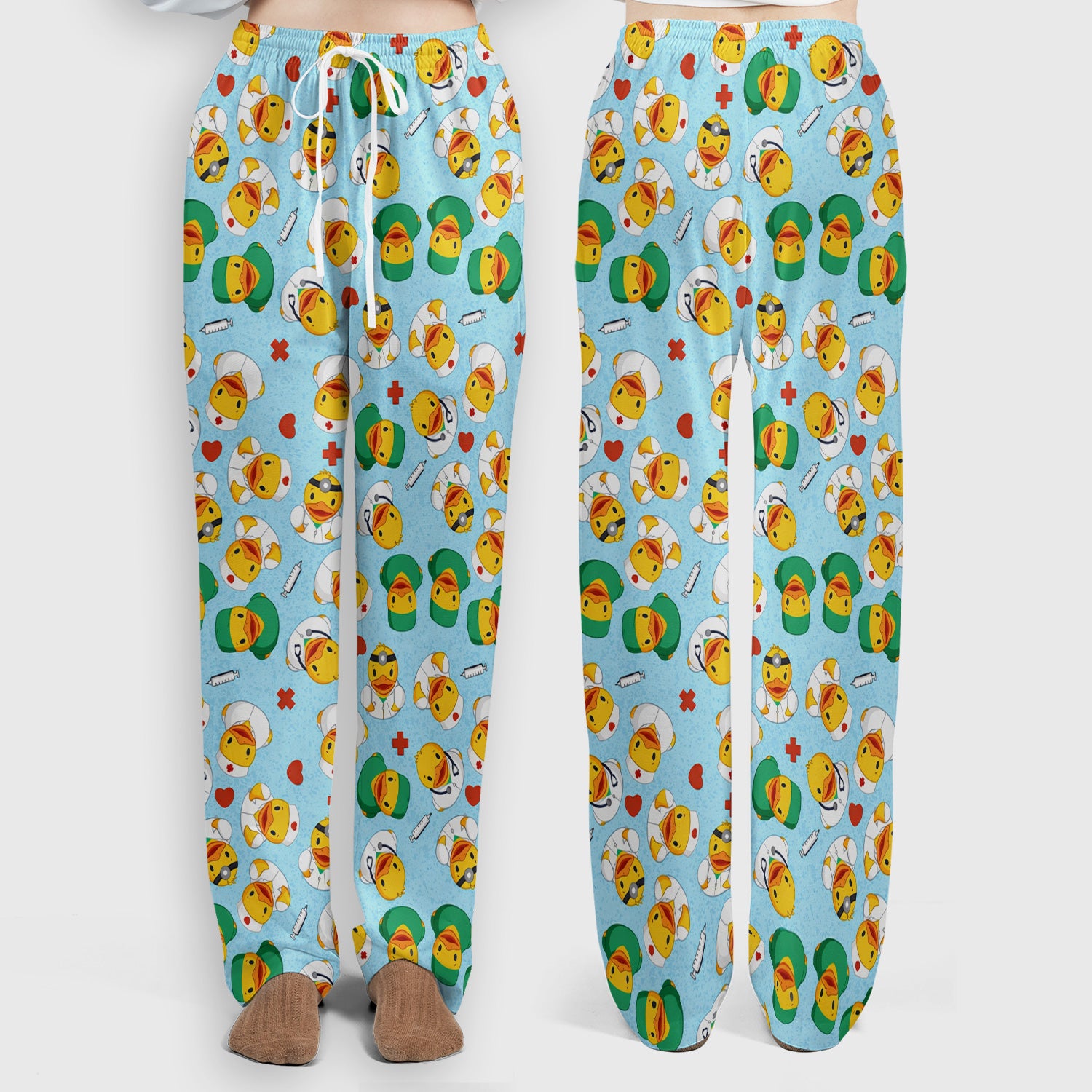 Duck Doctor Cartoon Pattern Scrub Set, Scrub Pants and V Neck Top