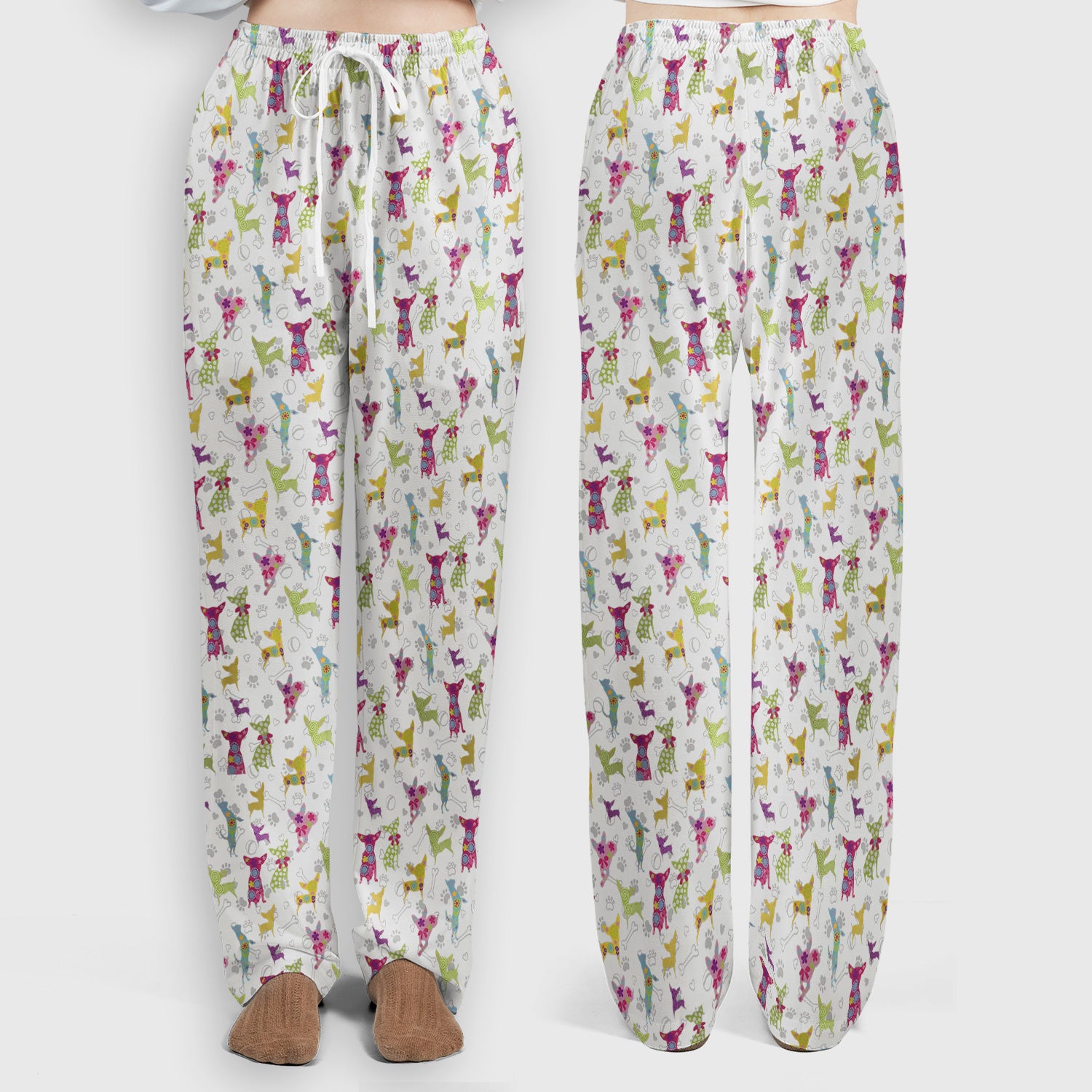 Colorful Playful Dog Print Nurse Scrub Set, Scrub Pants and V Neck Top