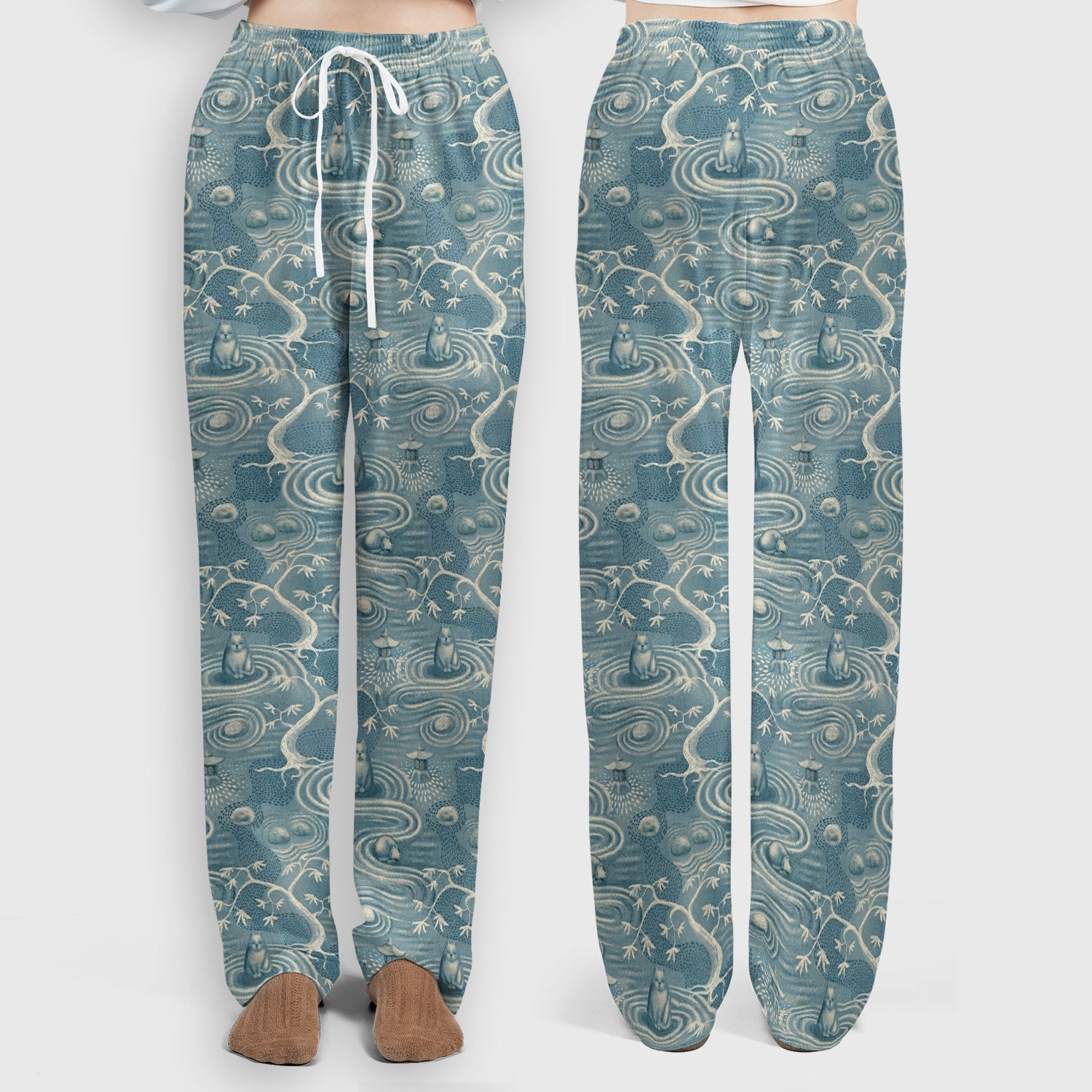 Zen Cat Water Garden Pattern Scrub Set, Scrub Pants and V Neck Top