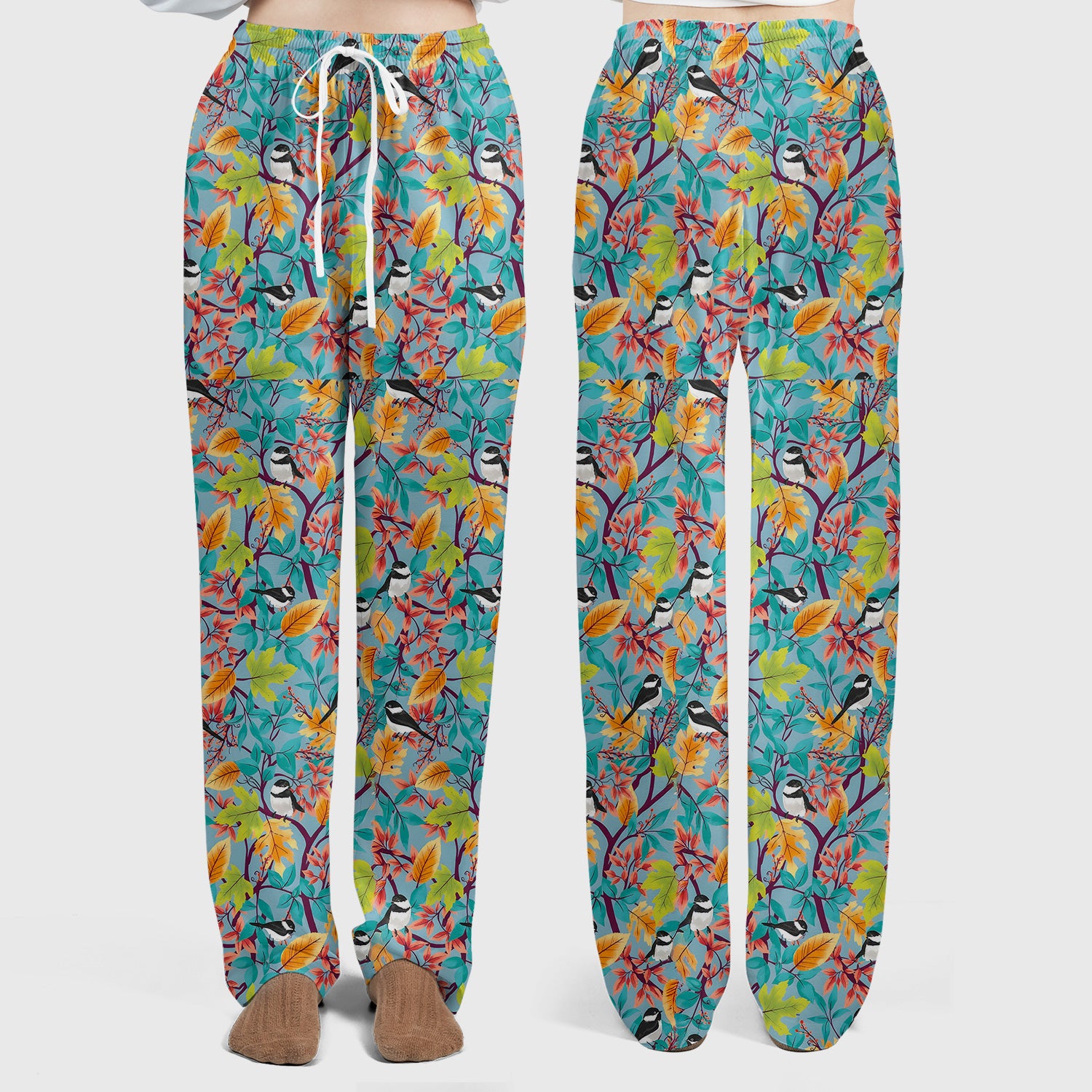 Autumn Leaf Chickadee Bird Pattern Scrub Set, Breathable Med Uniform
