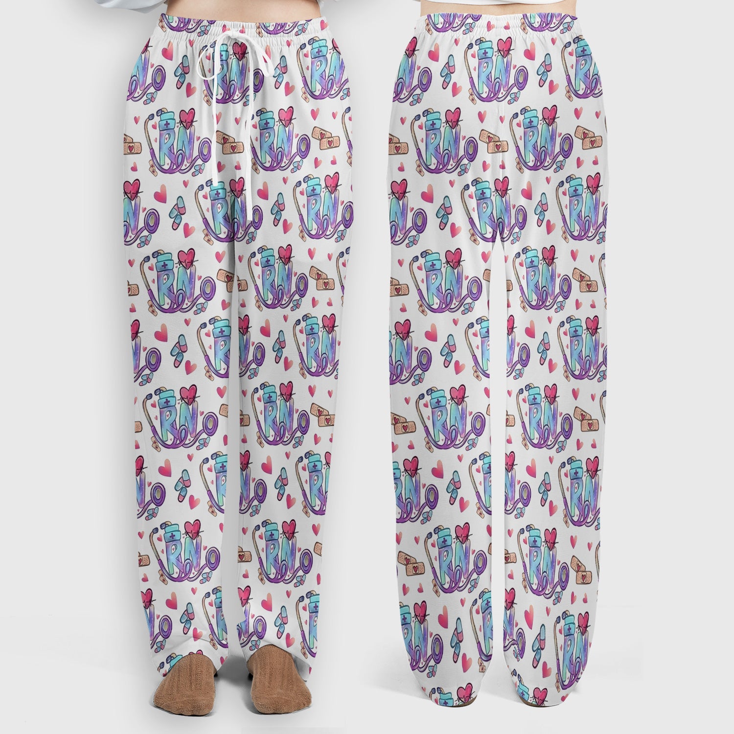 Nurse Life RN Heart Pattern Scrub Set, Scrub Pants and V Neck Top