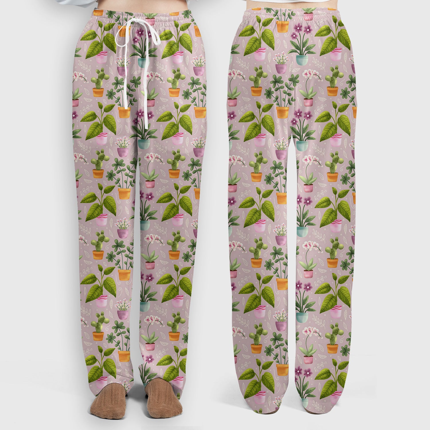 Potted Plant Orchid Cactus Pattern Scrub Set, Scrub Pants and V Neck Top
