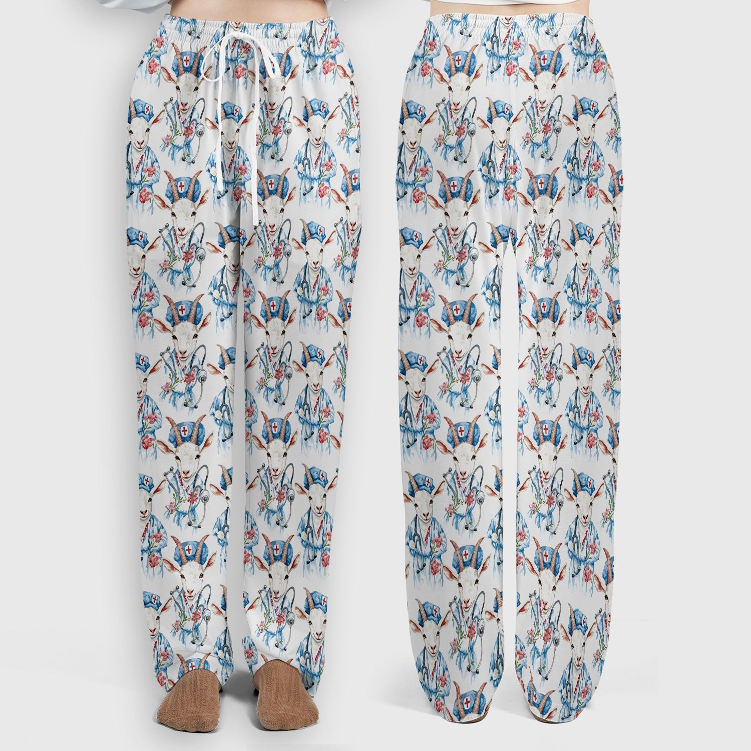 Cute Goat Animal Lover Pattern Scrub Set, Scrub Pants and V Neck Top