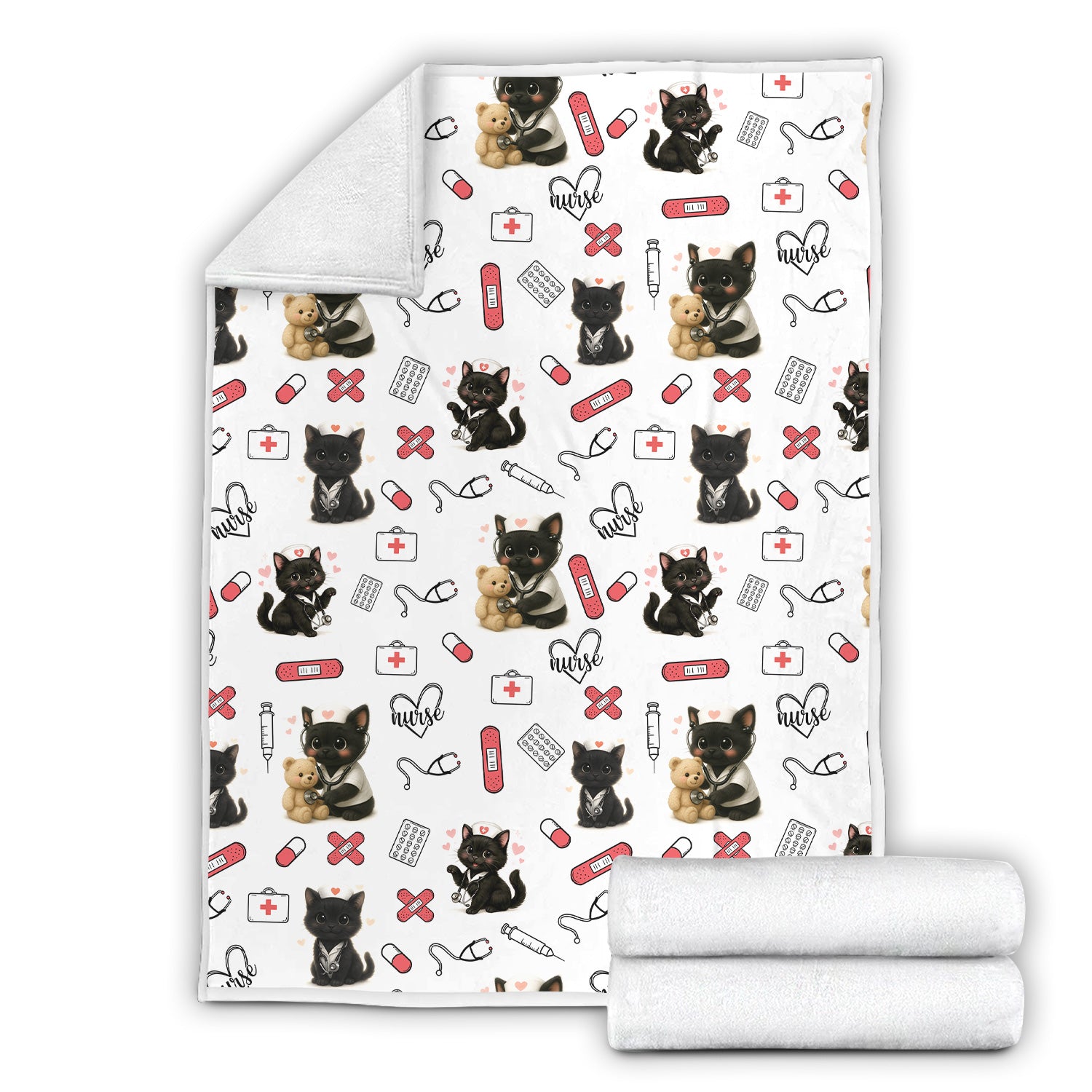 Cute Nurse Blanket with Black Cat Pattern - Funny RN CNA LPN Throw - Gift for Cat Lover Healthcare