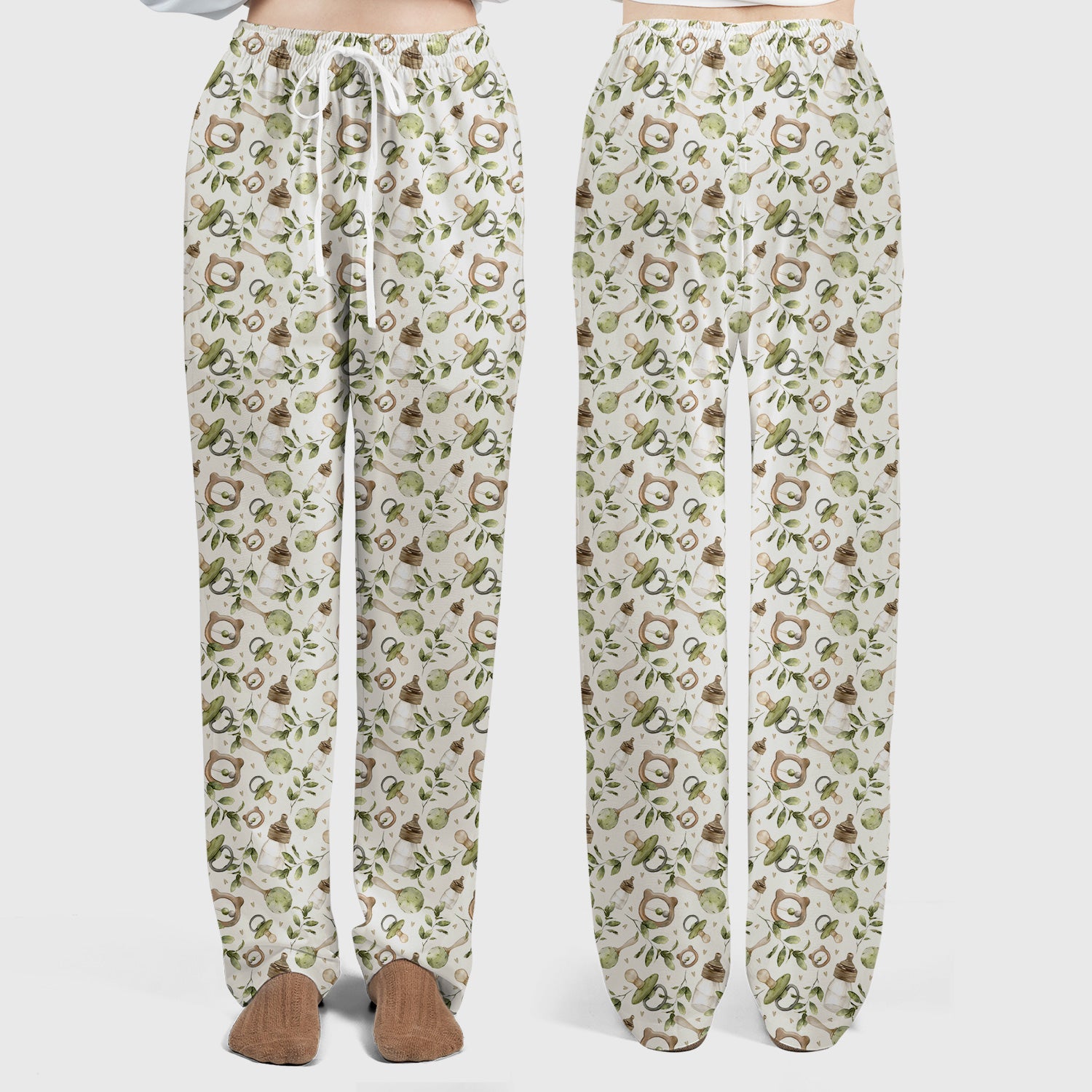 Cute Baby Bottle and Greenery Pattern Scrub Set, Breathable Med Uniform
