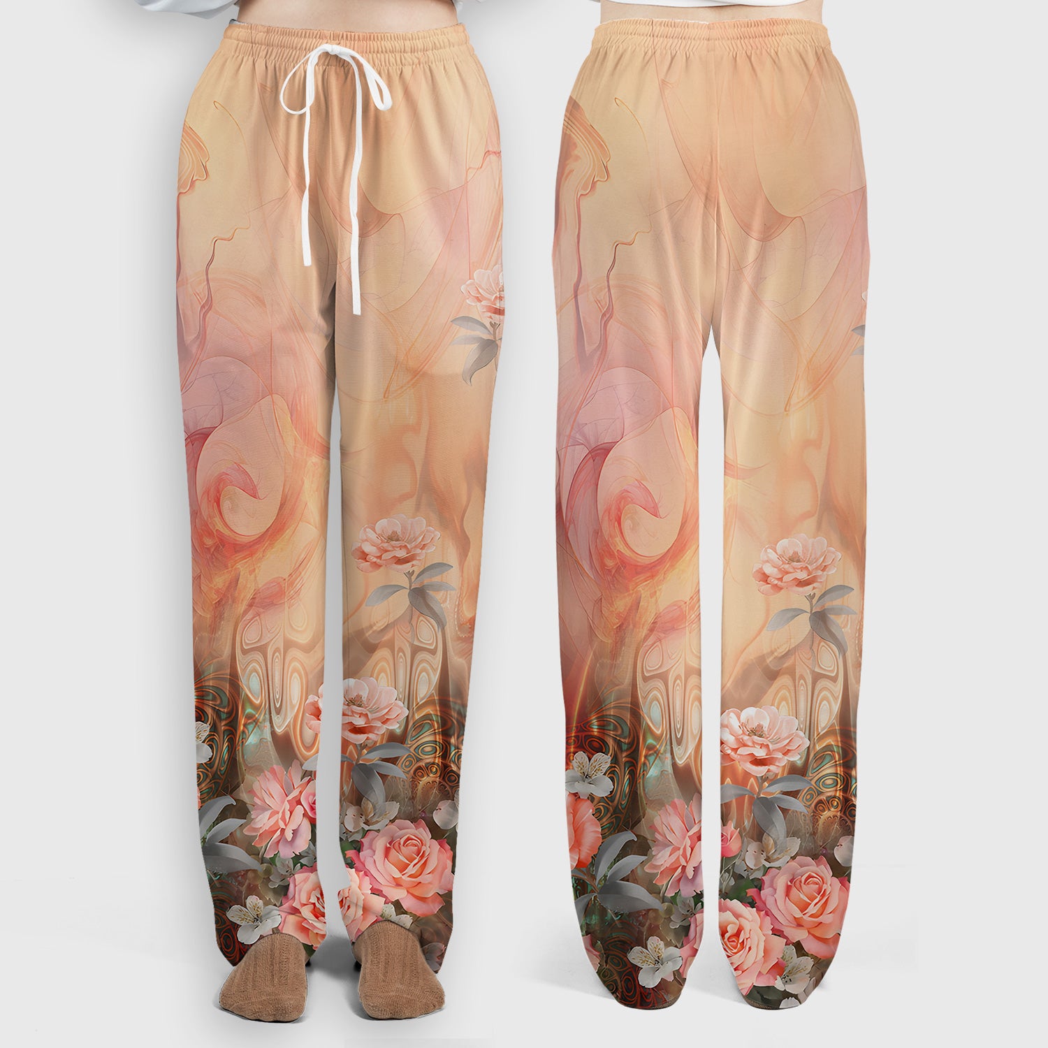 Elegant Peach Marble Rose Pattern Scrub Set, Scrub Pants and V Neck Top