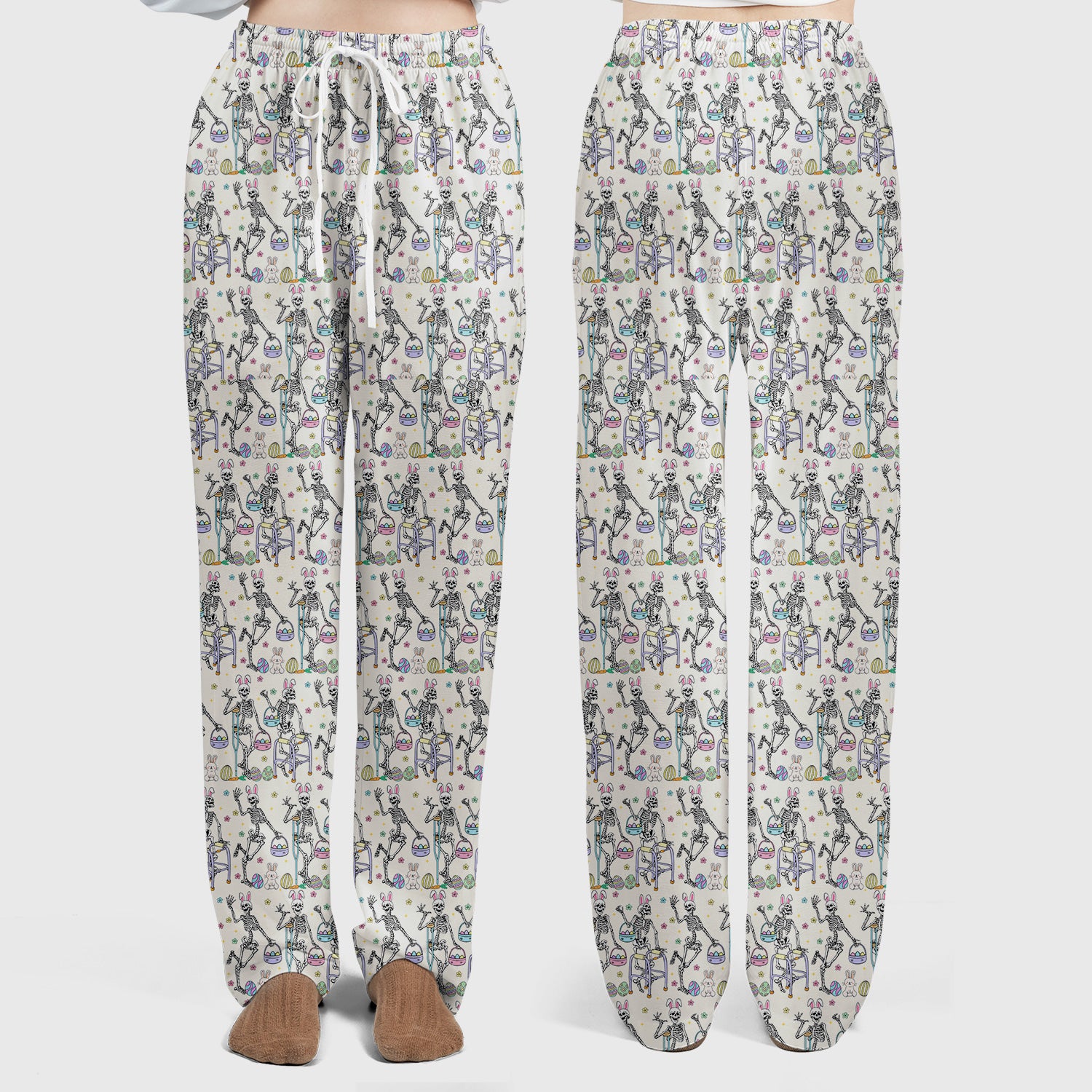 Fun Skeleton Bunny Easter Print Scrub Set, Scrub Pants and V Neck Top