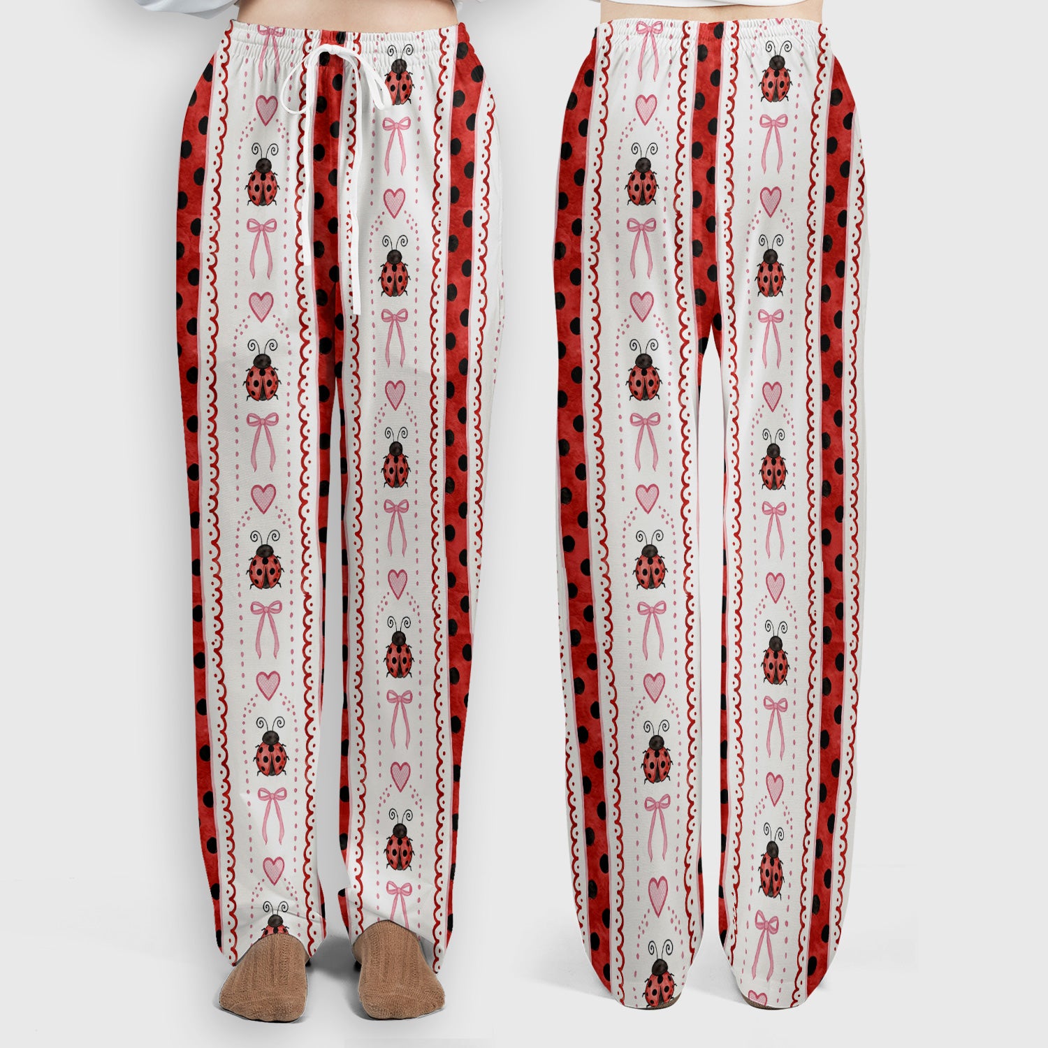 Cute Ladybug Heart Bow Stripe Pattern Scrub Set, Red Polka Dot Scrub Pants and V Neck Top