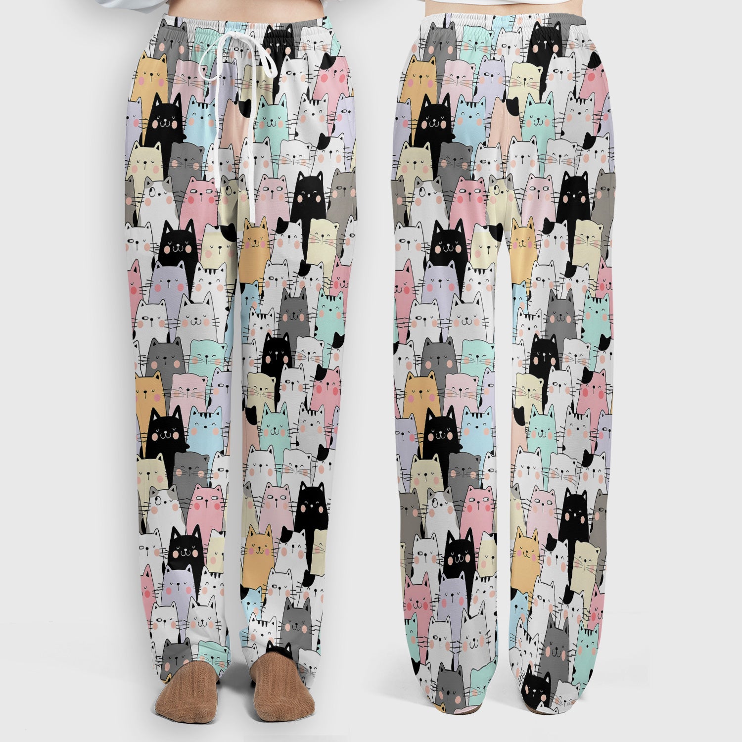 Playful Cartoon Cat Crowd Pattern Scrub Set, Scrub Pants and V Neck Top