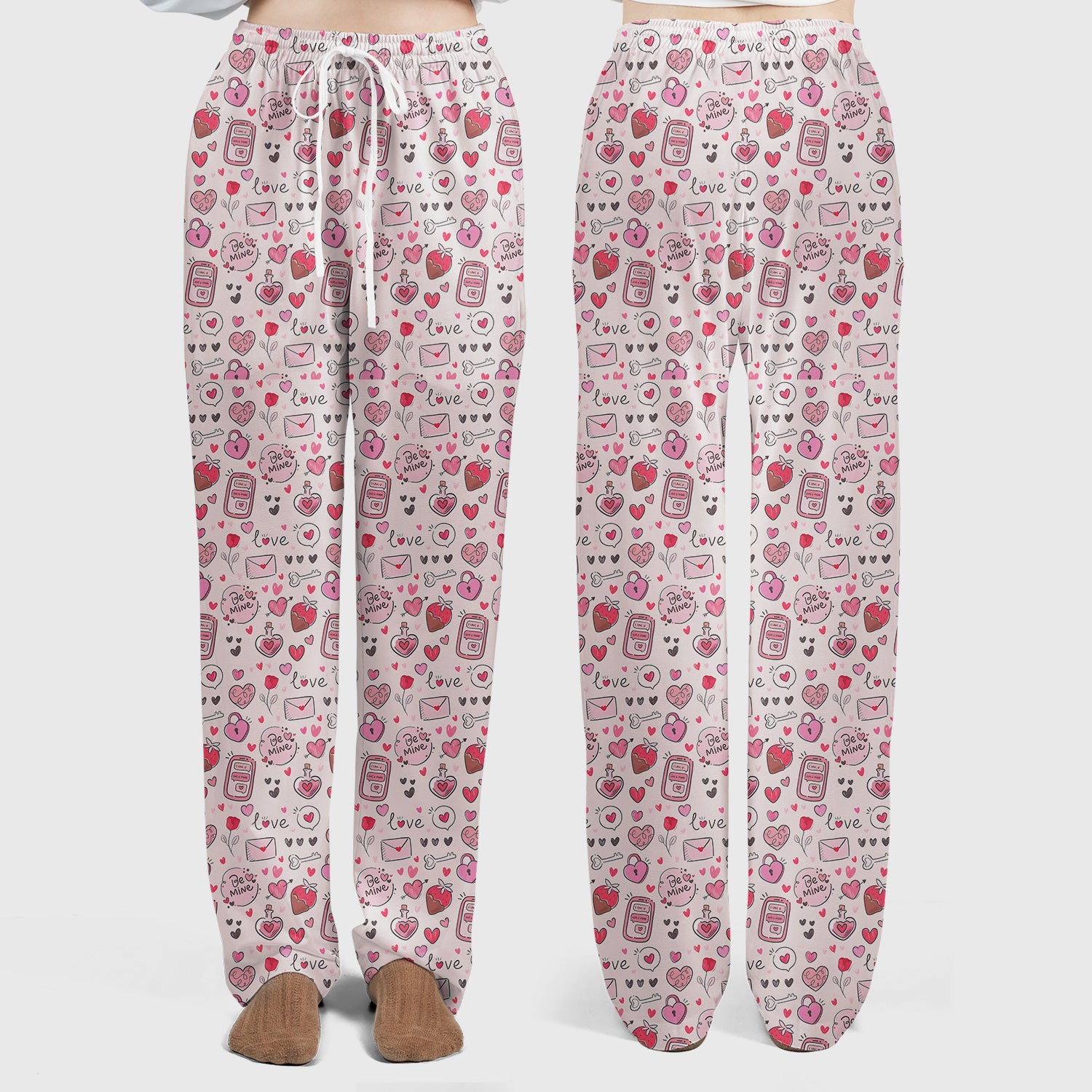 Be Mine Heart Pattern Pattern Scrub Set, Pink Valentine Pattern Nursing Uniform For Women