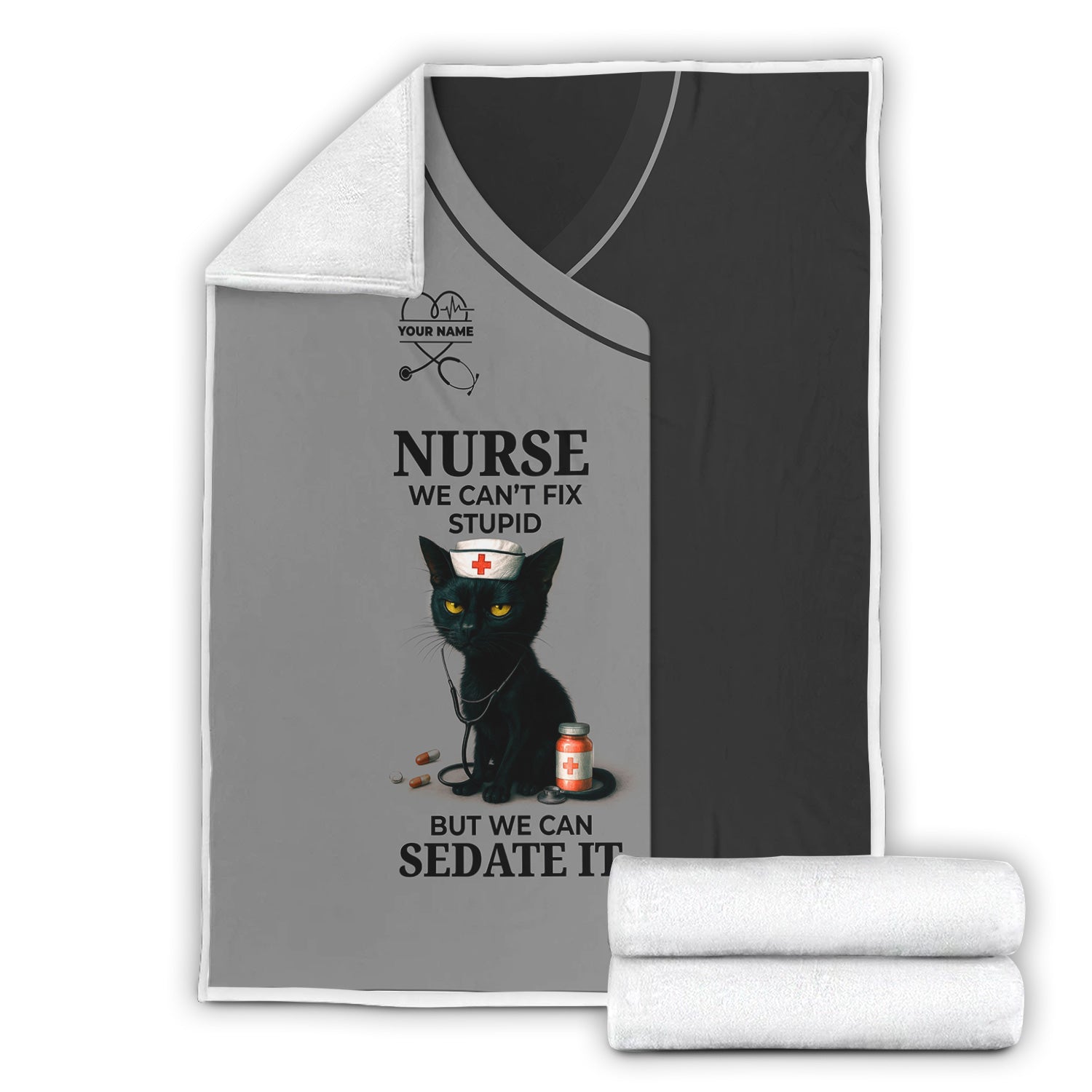 Personalized Funny Nurse Black Cat Blanket - Multiple Color Options Available - Custom Name Gift for RN CNA LPN Healthcare Workers