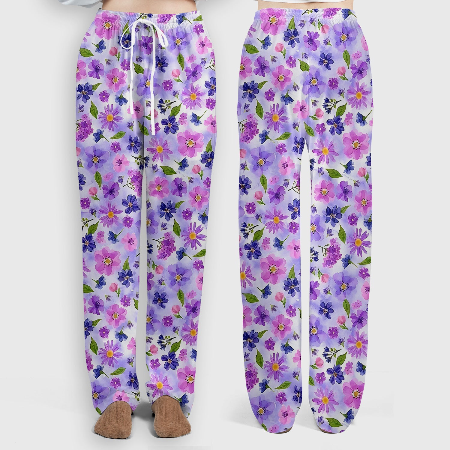 Purple Watercolor Wildflower Bloom Pattern Scrub Set, Scrub Pants and V Neck Top