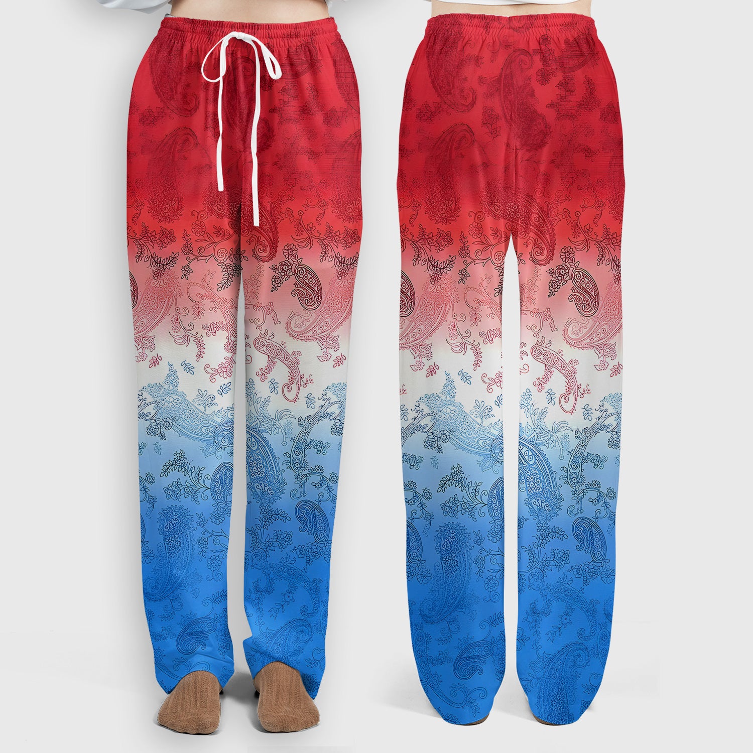 Red Blue Paisley Ombre Pattern Scrub Set, Scrub Pants and V Neck Top