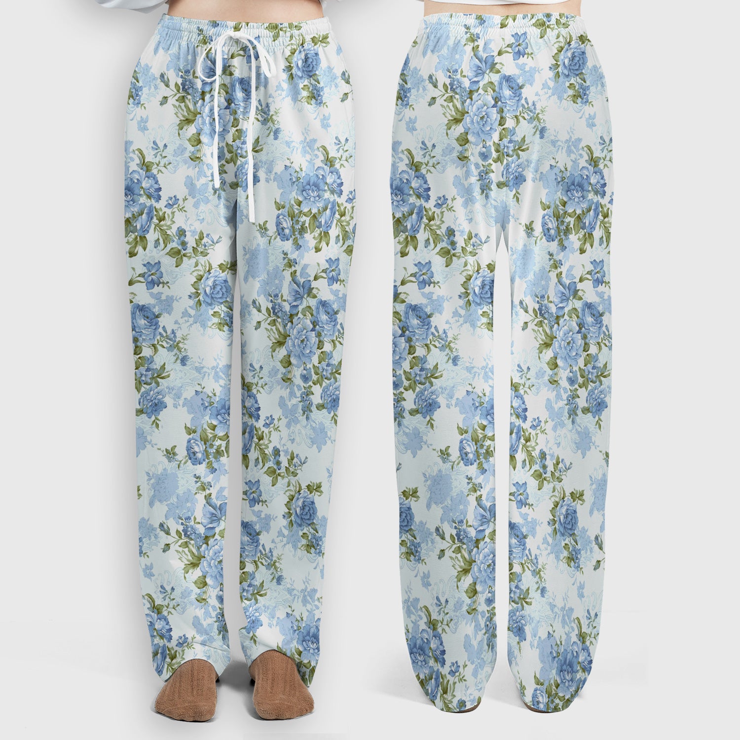 Cute Blue Floral Pattern Scrub Set, Scrub Pants and V Neck Top