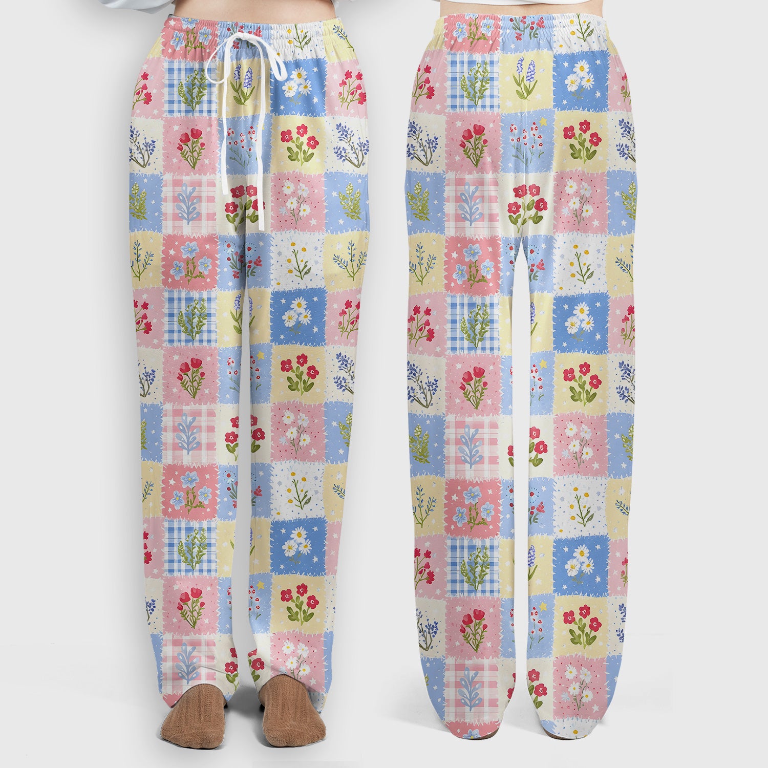 Pastel Patchwork Wildflower Garden Print Scrub Set, Scrub Pants and V Neck Top