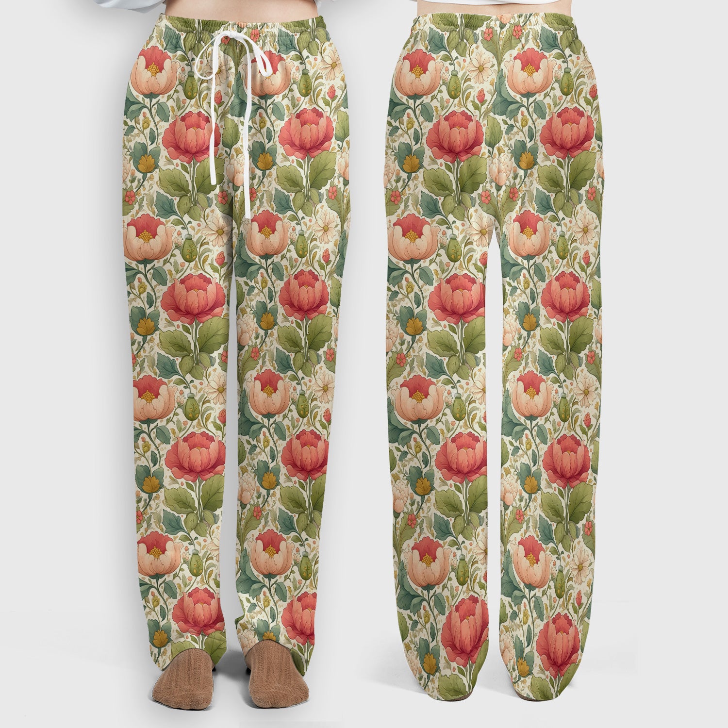 Vintage Botanical Peony Floral Pattern Scrub Set, Scrub Pants and V Neck Top