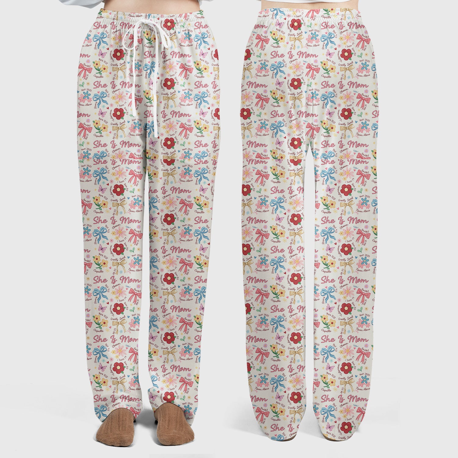 She Is Mom Flower Bow Pattern Scrub Set, Scrub Pants and V Neck Top