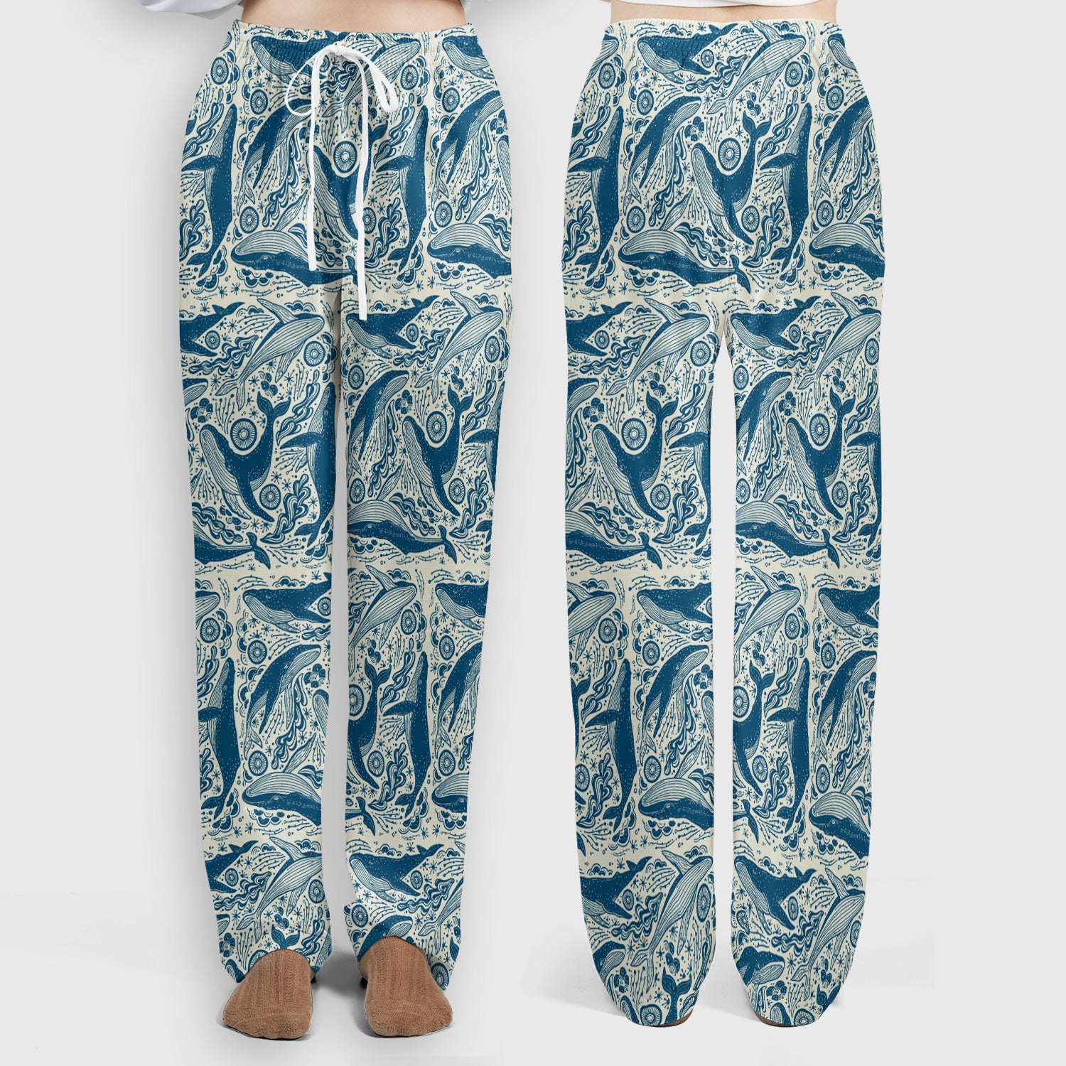 Blue Whale Ocean Pattern Scrub Set, Scrub Pants and V Neck Top