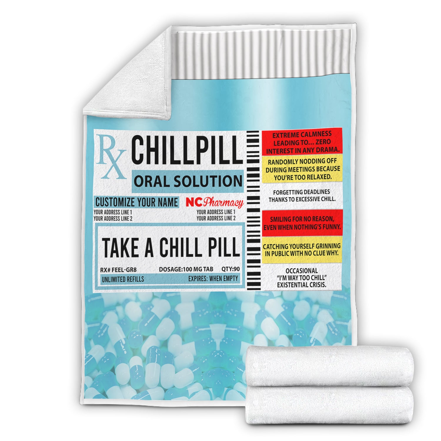 Personalized Funny Chill Pill Blanket for Nurses - Prescription Label Design with Custom Name - Hilarious Gift for RN LPN Doctors