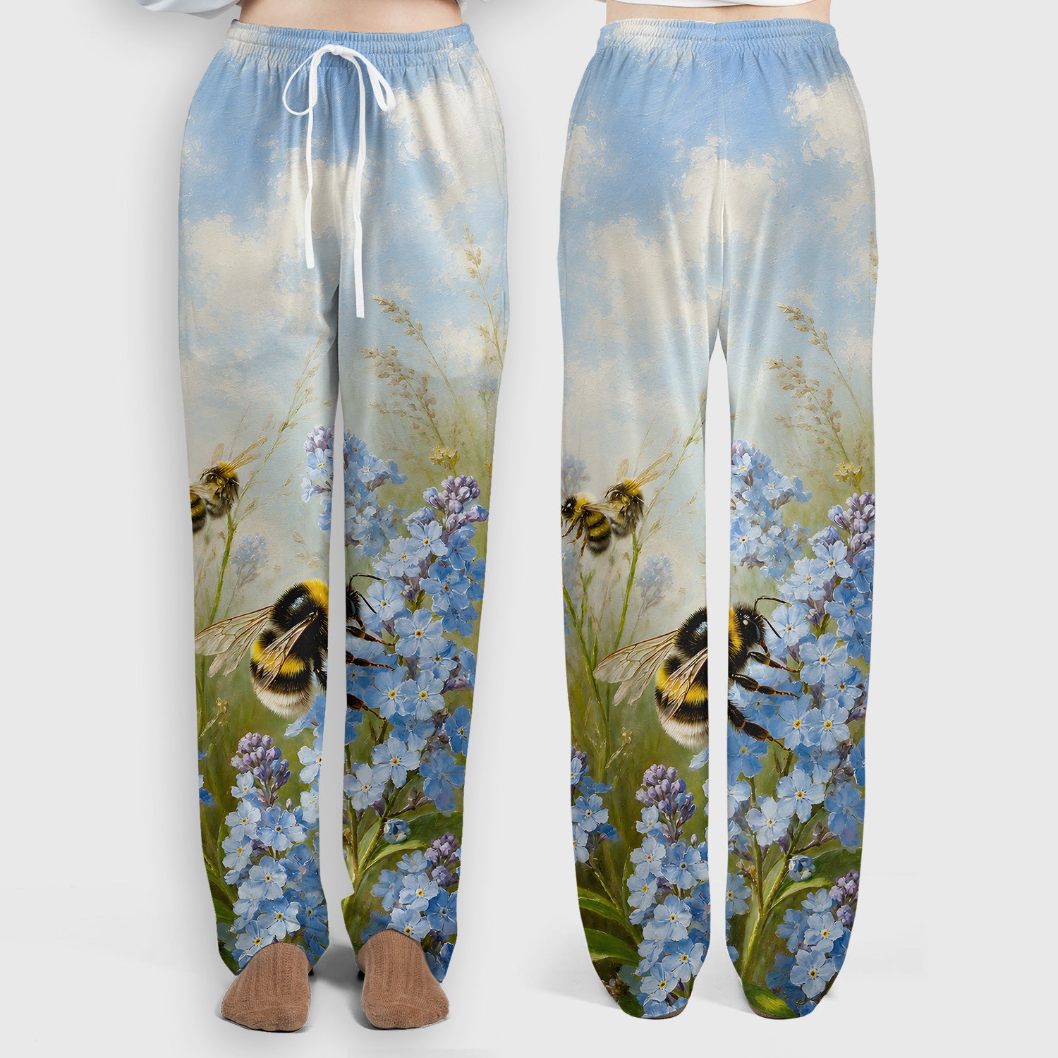 Whimsical Bumblebee Blue Blossom Pattern Scrub Set, Scrub Pants and V Neck Top