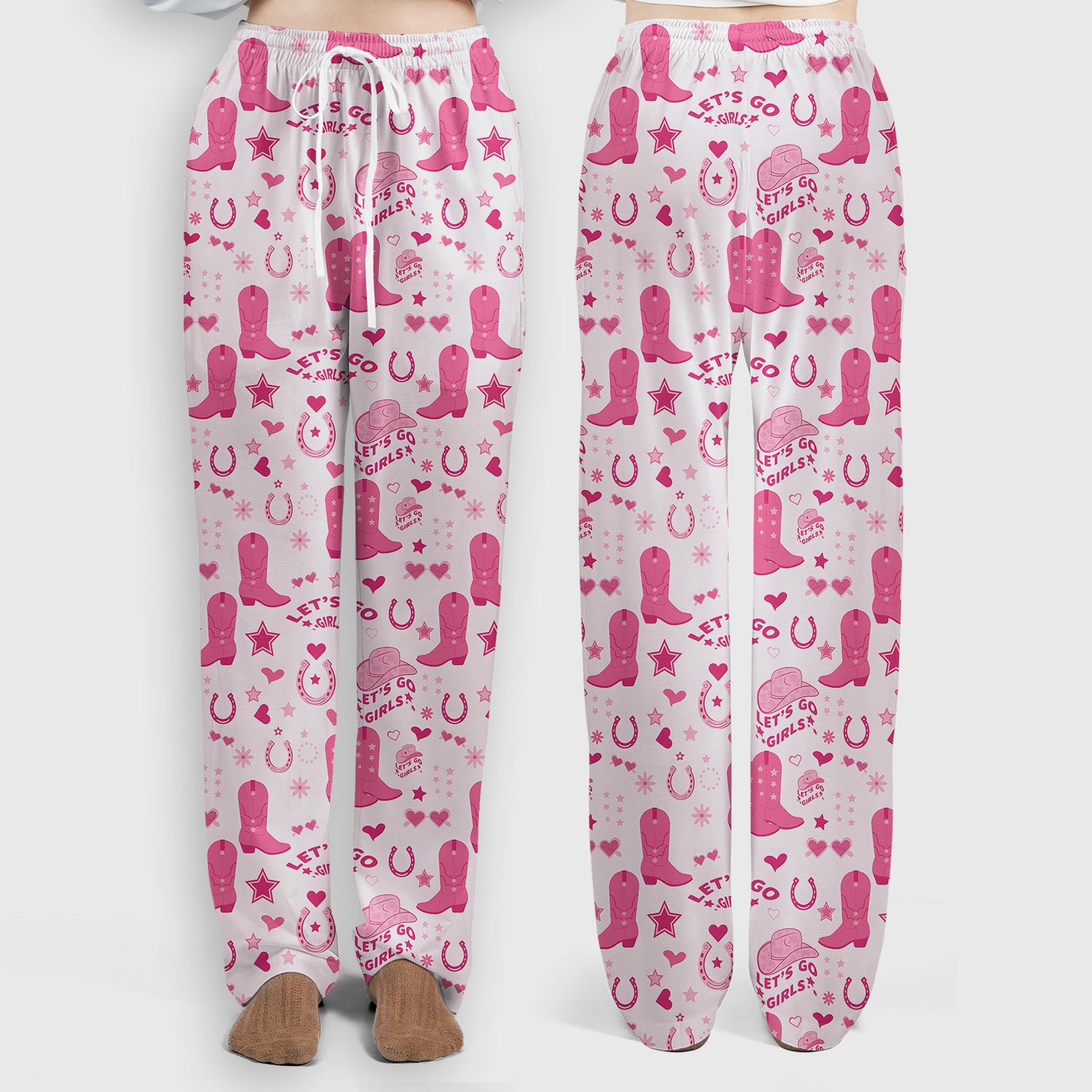 Pink Cowgirl Boots Print Scrub Set, Scrub Pants and V Neck Top