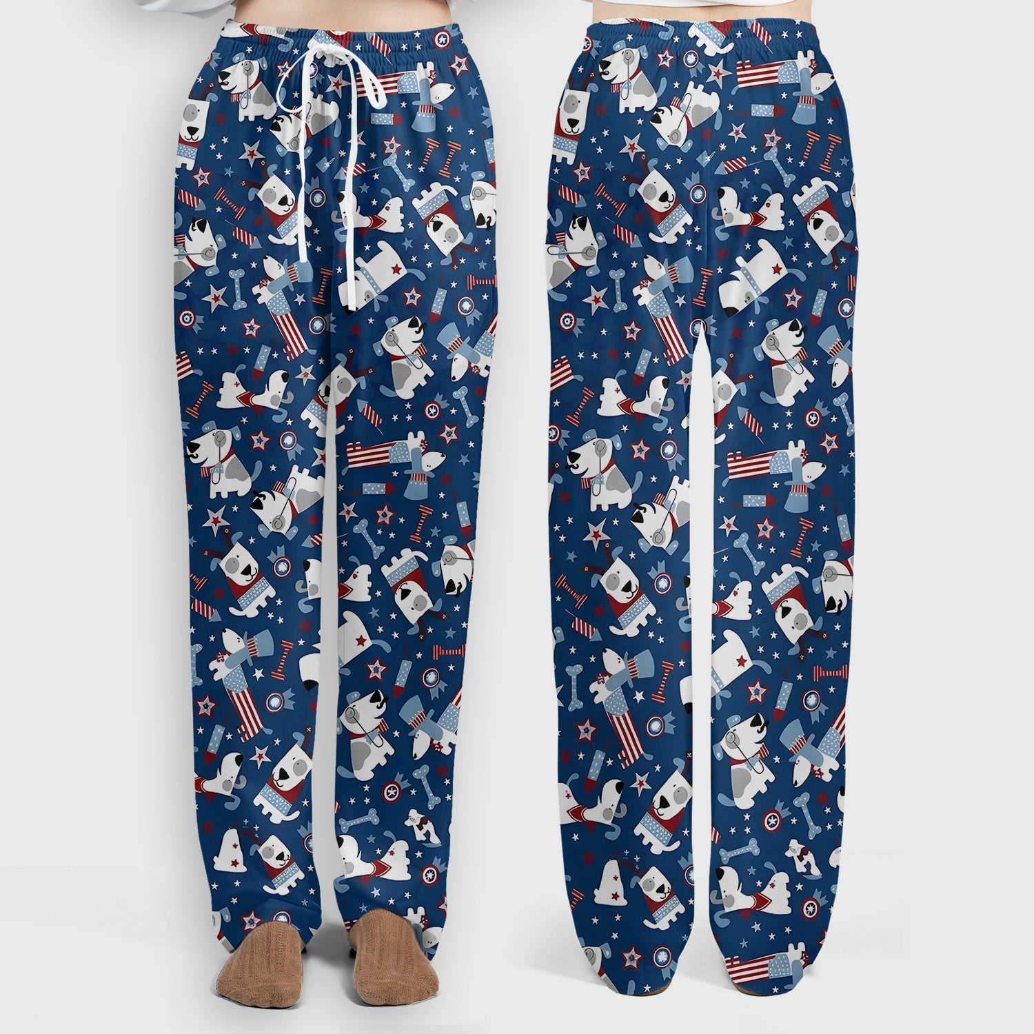 Patriotic Nurse Dog Stars Pattern Scrub Set, Scrub Pants and V Neck Top