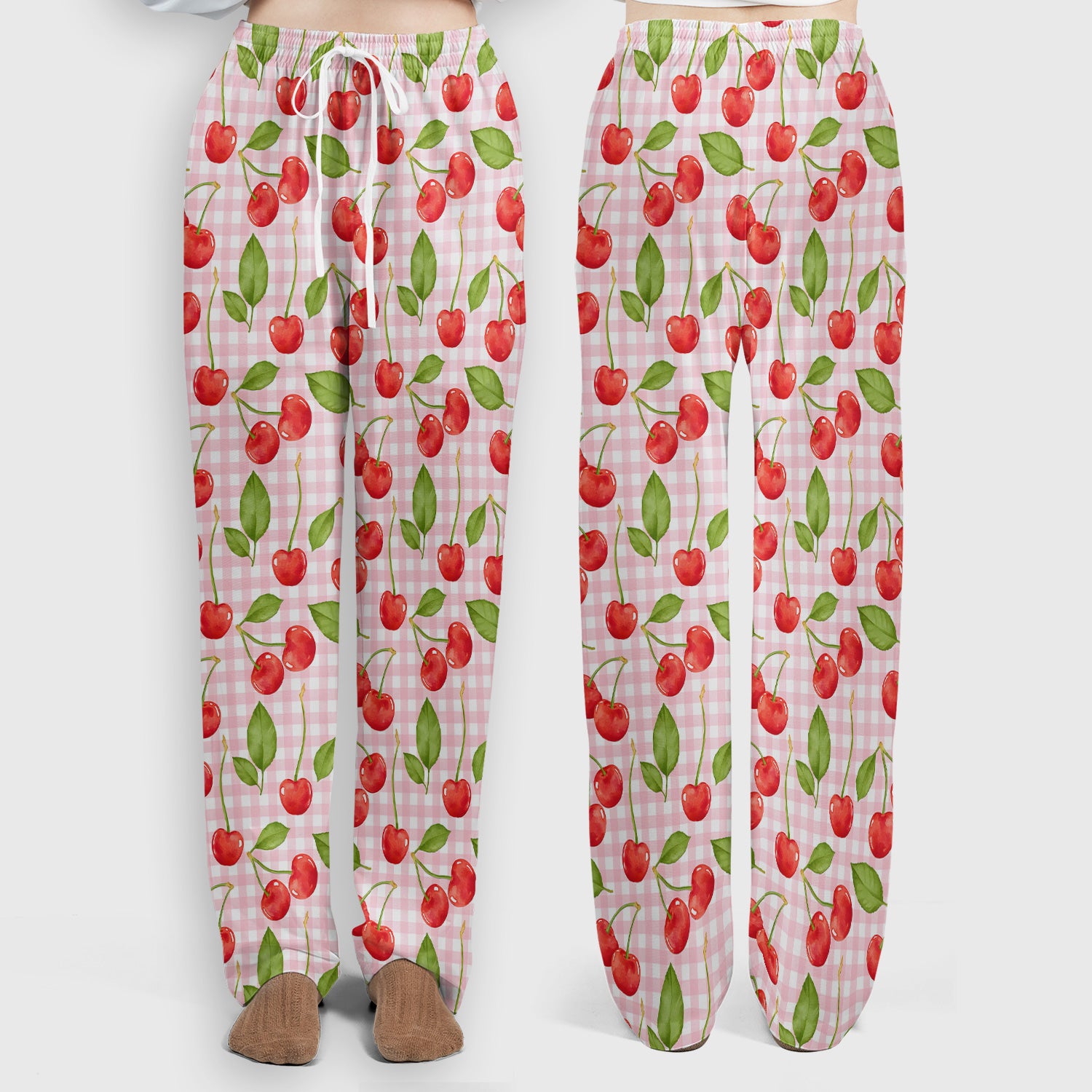 Sweet Red Cherry Gingham Pattern Scrub Set, Scrub Pants and V Neck Top