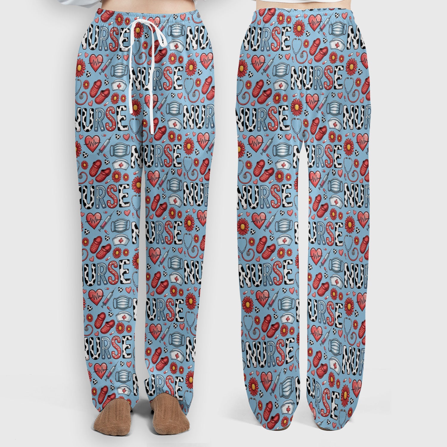 Cute Nurse Medical Icon Pattern Scrub Set, Scrub Pants and V Neck Top