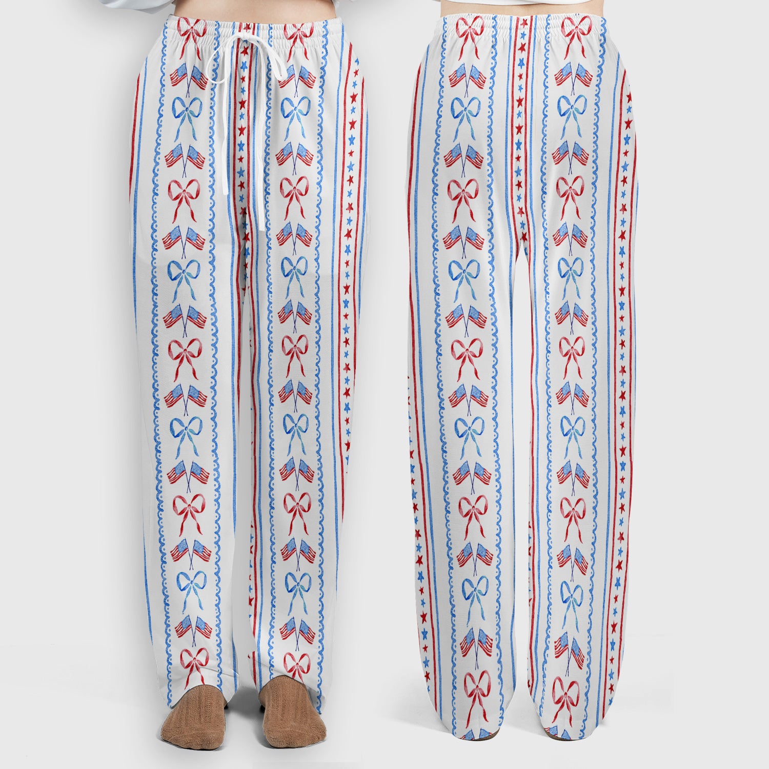 Patriotic USA Flag Bow Stripe Pattern Scrub Set, Scrub Pants and V Neck Top