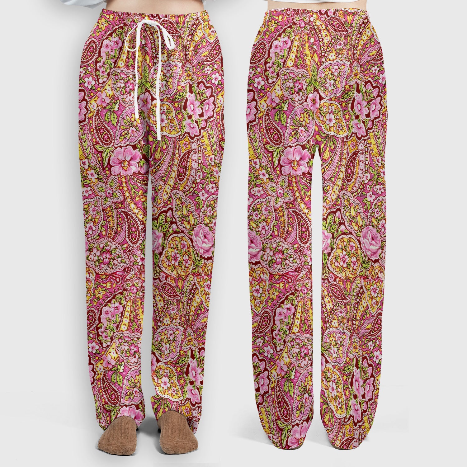 Pink Floral Paisley Blossom Print  Scrub Set, Scrub Pants and V Neck Top