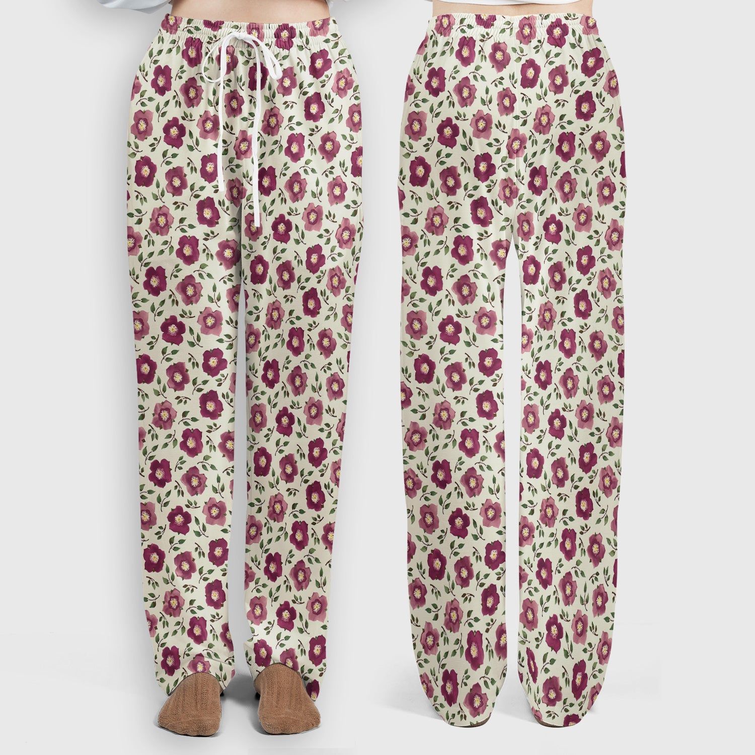 Purple Floral Blossom Leaf Pattern Scrub Set, Scrub Pants and V Neck Top