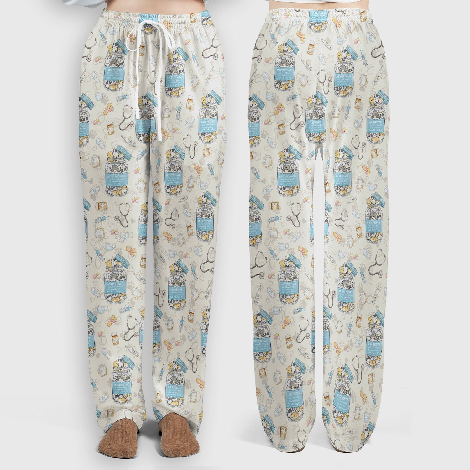 Cute Antidepressant Cat Jar Print Women's Scrub Set, Breathable Med Uniform