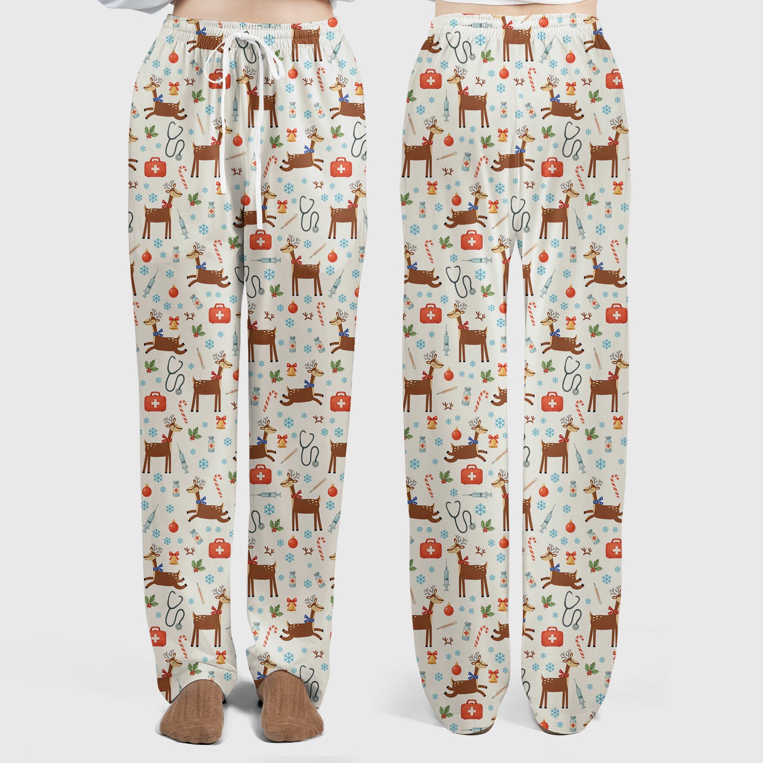 Reindeer Christmas Scrub Set - Snowflakes Candy Canes Holiday Scrubs Pants and V Neck Top - Xmas Gift for Women RN CNA LPN