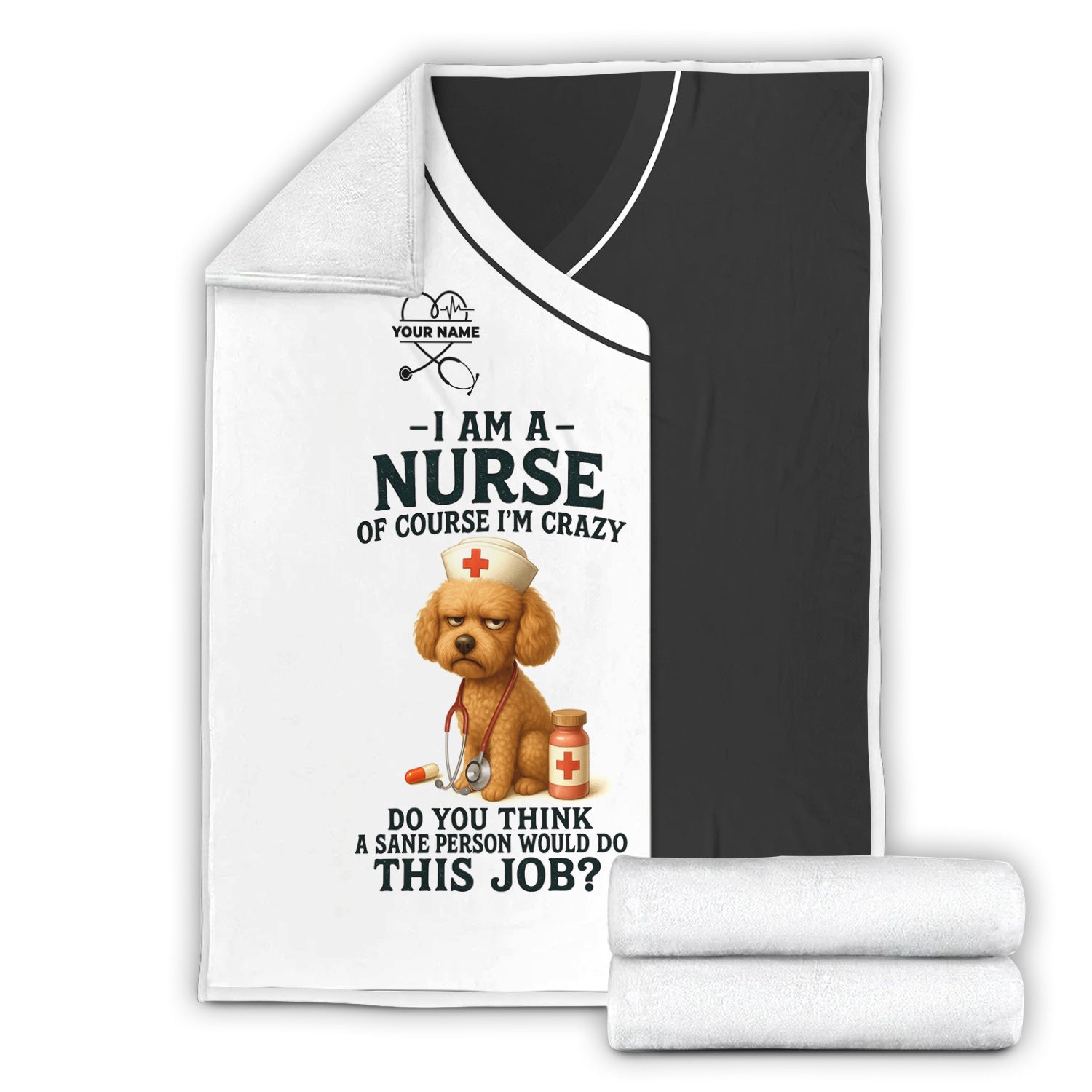 Custom Name Crazy Nurse Blanket - Funny Poodle with Stethoscope for RN LPN CNA - Thoughtful Gift for Healthcare Workers Appreciation