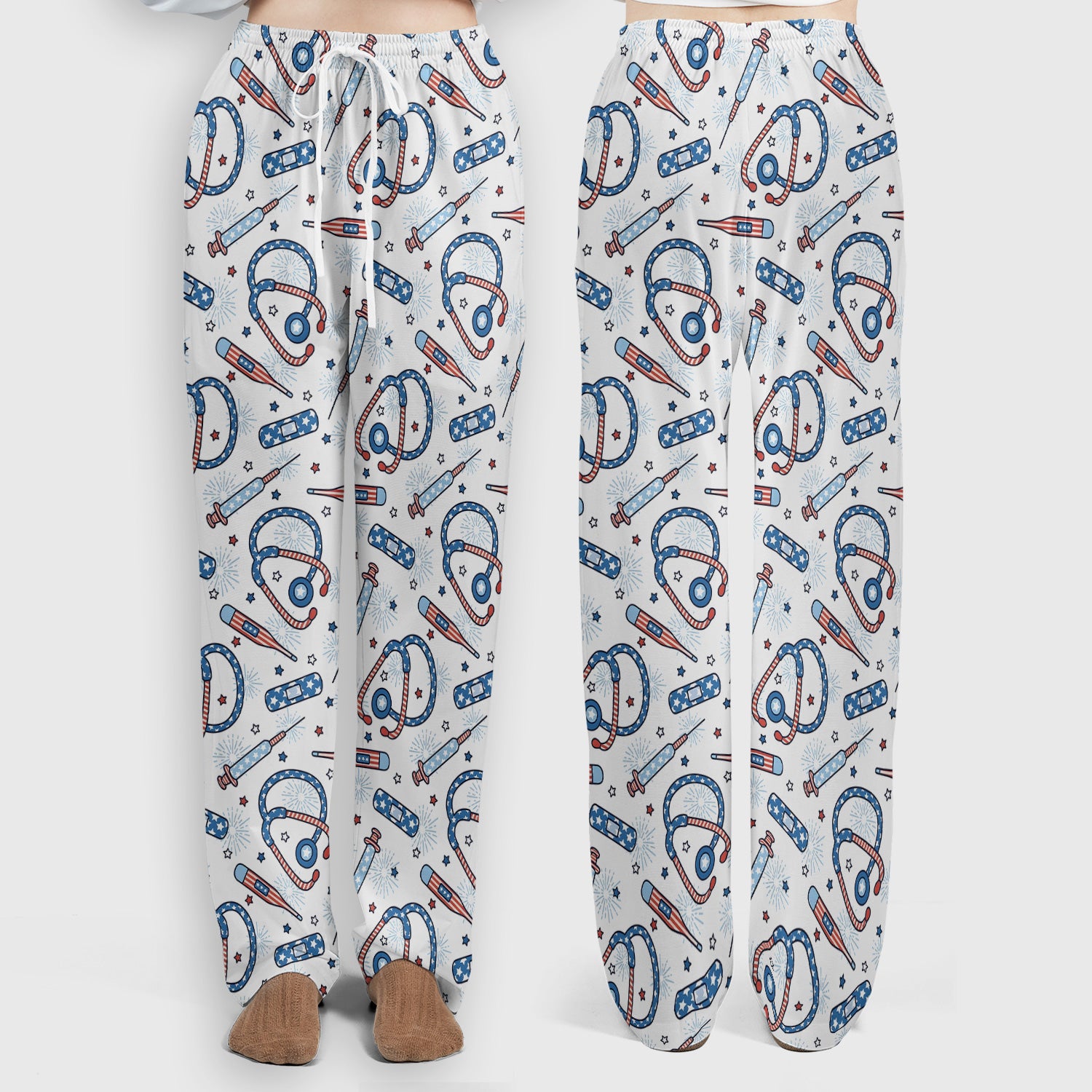 Funny Patriotic Stethoscope Bandage Nurse Pattern Scrub Set, Scrub Pants and V Neck Top