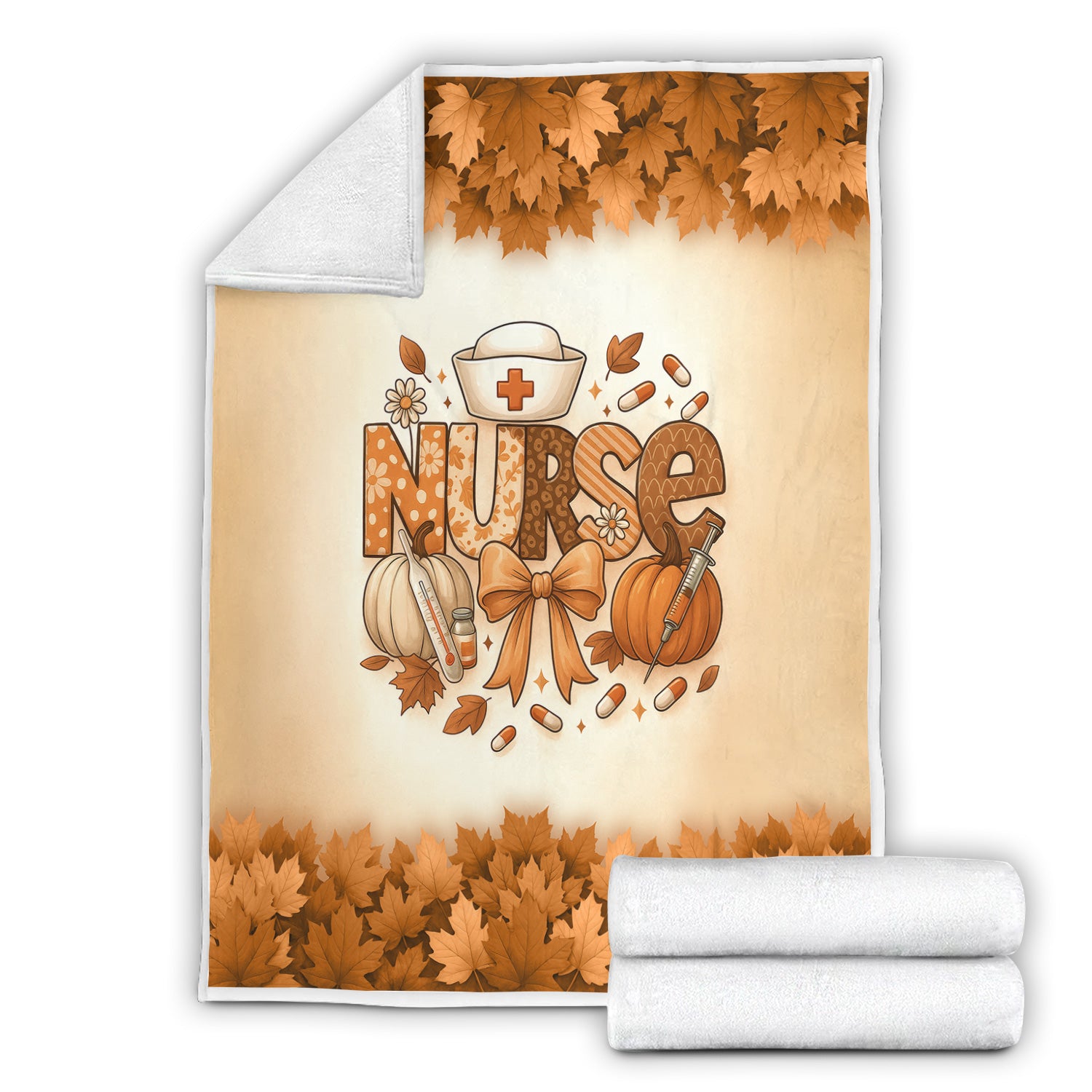 Fall Nurse Blanket with Pumpkins and Leaves - Cozy Autumn Throw for RN CNA LPN - Personalized Thanksgiving Gift for Medical Workers